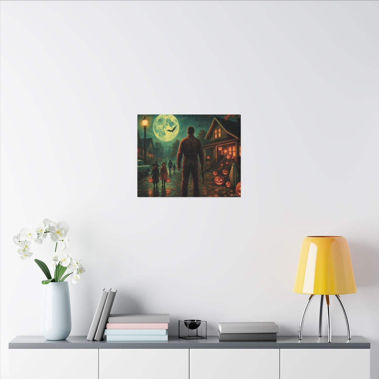 Halloween Neighborhood Scene Canvas Print β Retro Suburban Trick-or-Treat, Glowing Pumpkins & Full Moon Wall Art
