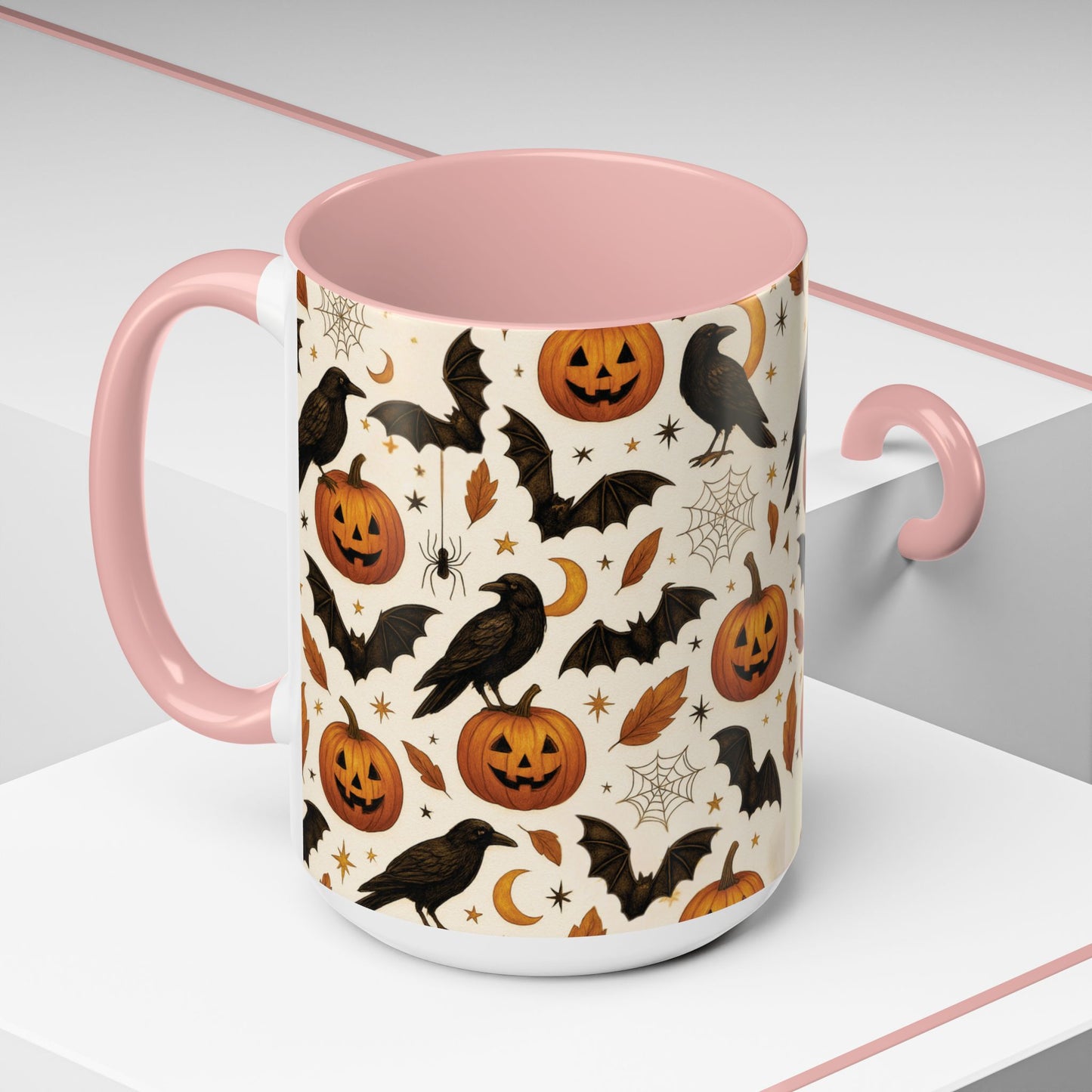 Halloween Raven & Pumpkin Color Accent Mug β Gothic Crow, Bats & Jack-oβ-Lantern Coffee Cup (11oz & 15oz) β Spooky Autumn Drinkware