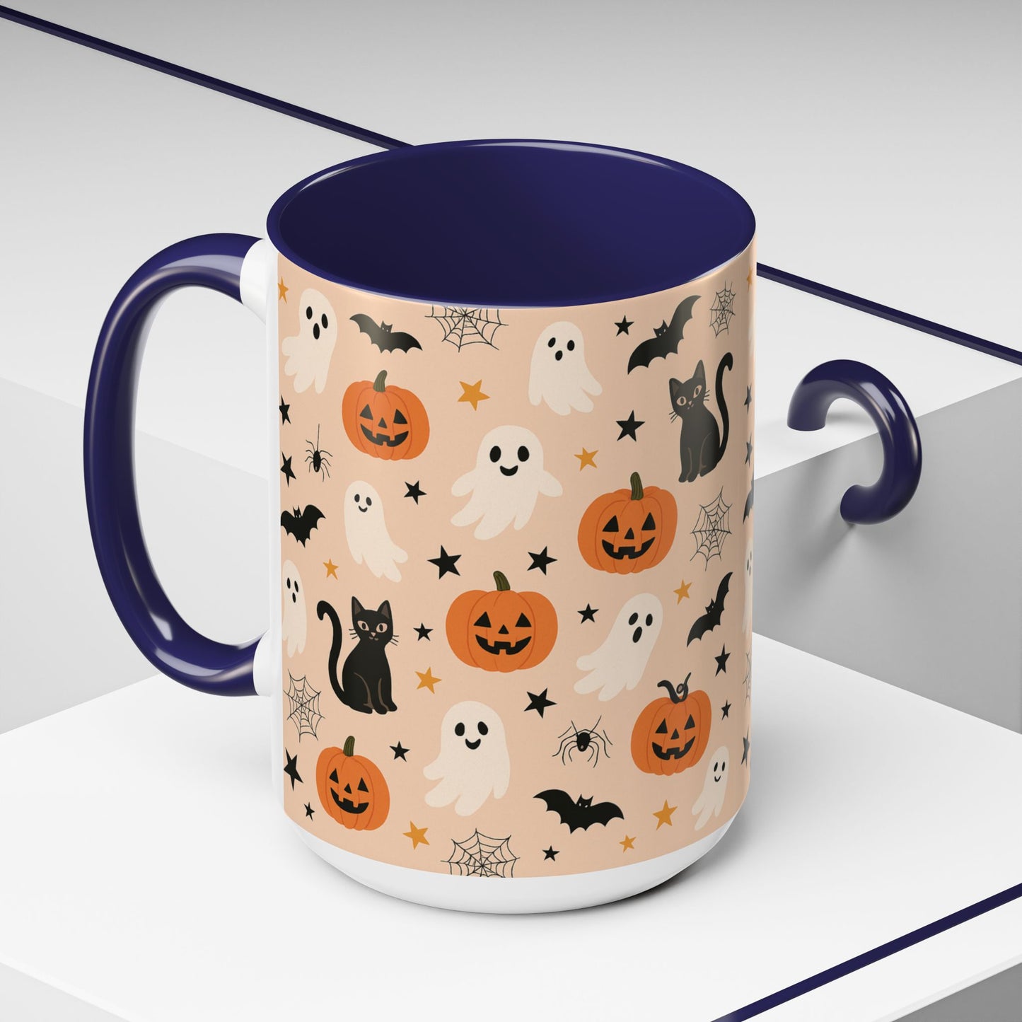Halloween Color Accent Mug β Ghosts, Pumpkins & Black Cats, Fall Coffee Cup (11oz & 15oz) β Boutique Spooky Season Drinkware