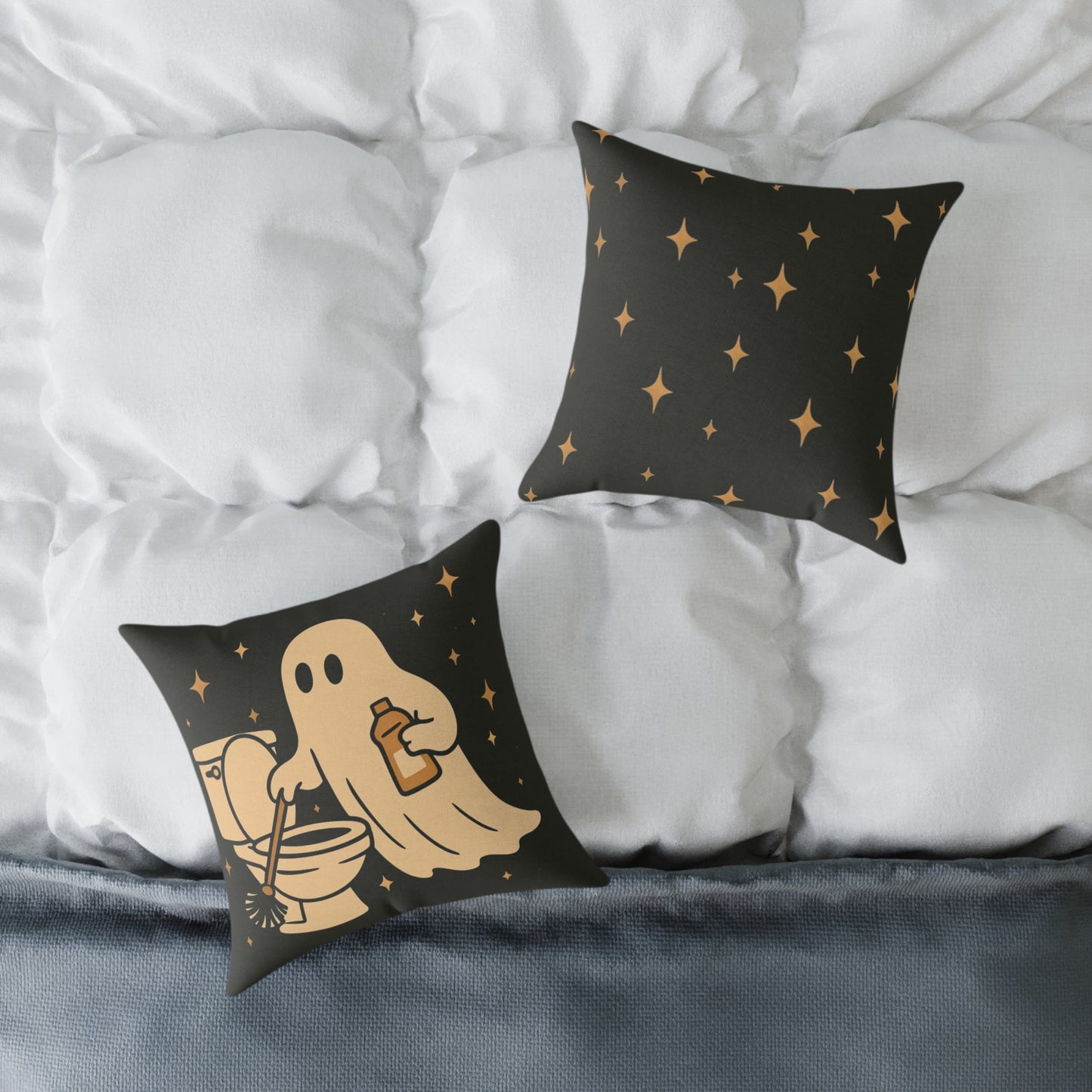Ghost Cleaning Crew Canvas Throw Pillow β Spooky Chores Collection