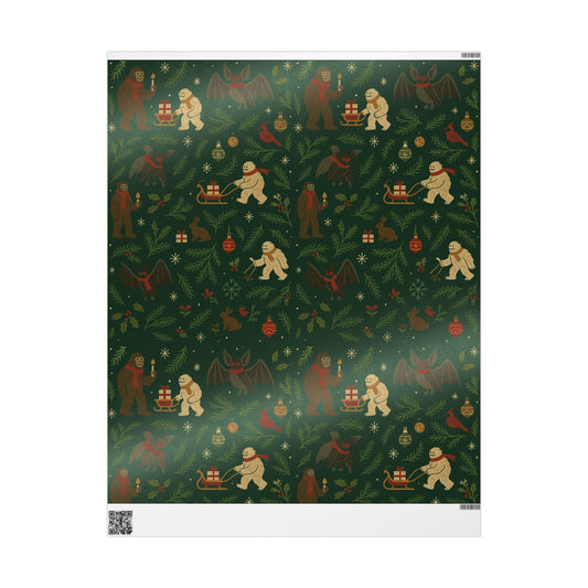 Cryptid Christmas Parade – Luxury Holiday Wrapping Paper, Folk-Art Bigfoot & Mothman Gift Wrap, 30" Roll (Matte/Gloss)