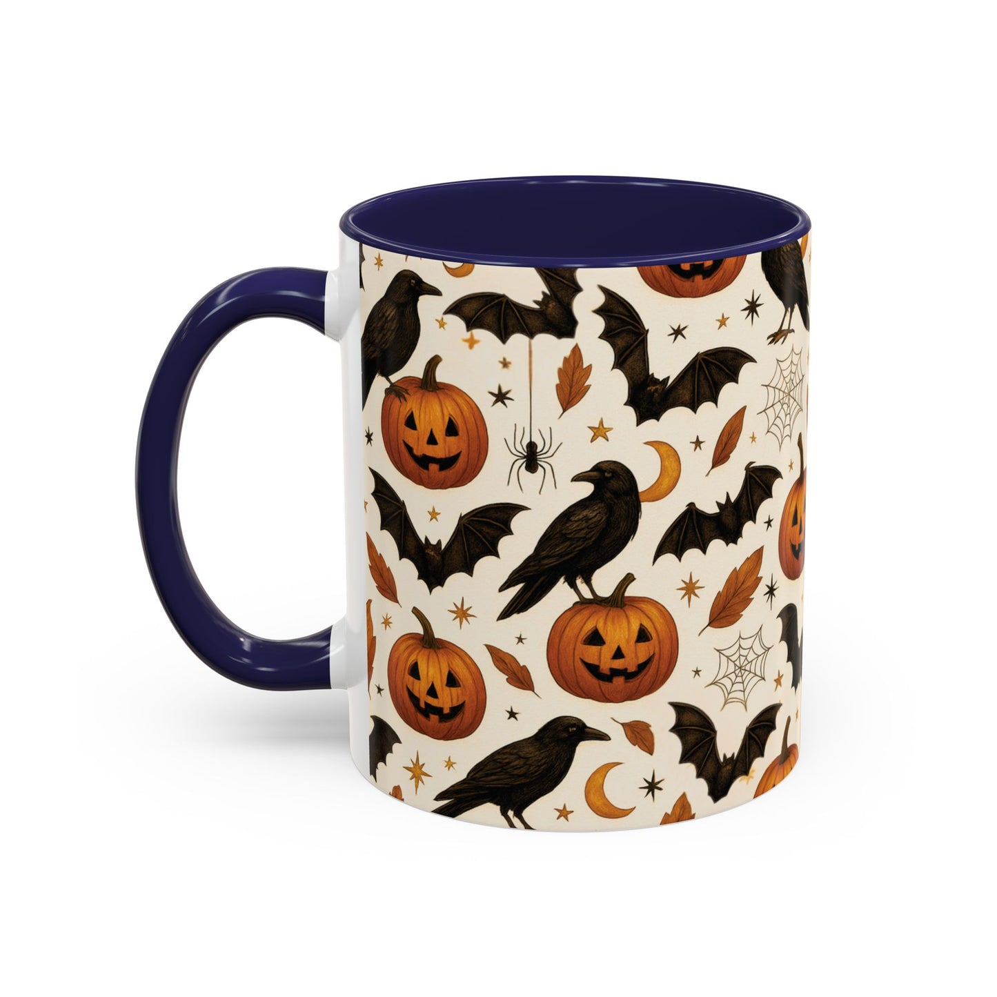Halloween Raven & Pumpkin Color Accent Mug β Gothic Crow, Bats & Jack-oβ-Lantern Coffee Cup (11oz & 15oz) β Spooky Autumn Drinkware