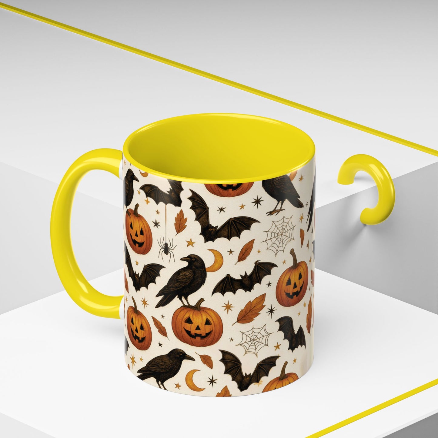 Halloween Raven & Pumpkin Color Accent Mug β Gothic Crow, Bats & Jack-oβ-Lantern Coffee Cup (11oz & 15oz) β Spooky Autumn Drinkware