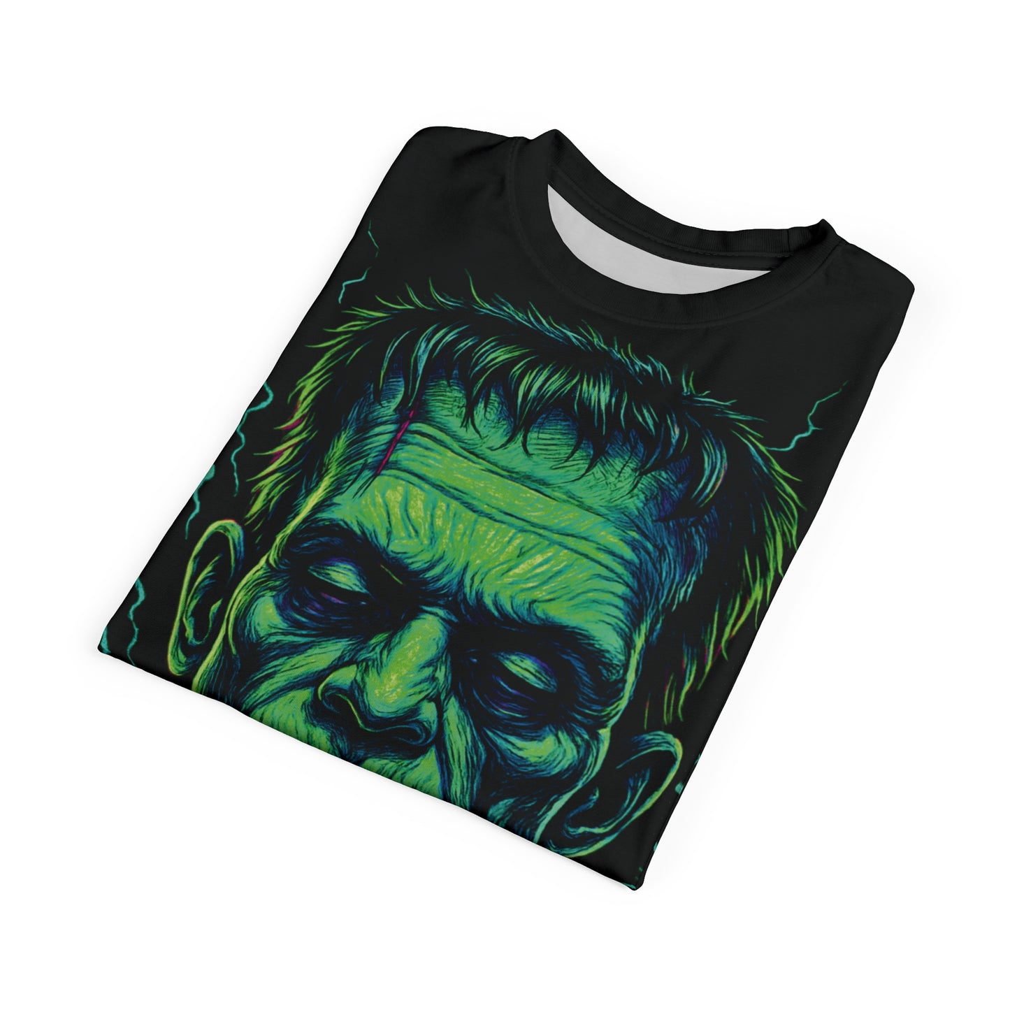 Frankenstein's Monster AOP Halloween T-Shirt – Electric Neon Green Extra Large Print Tee (All-Over Print)