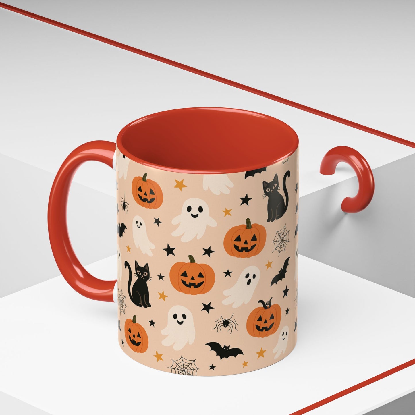 Halloween Color Accent Mug β Ghosts, Pumpkins & Black Cats, Fall Coffee Cup (11oz & 15oz) β Boutique Spooky Season Drinkware