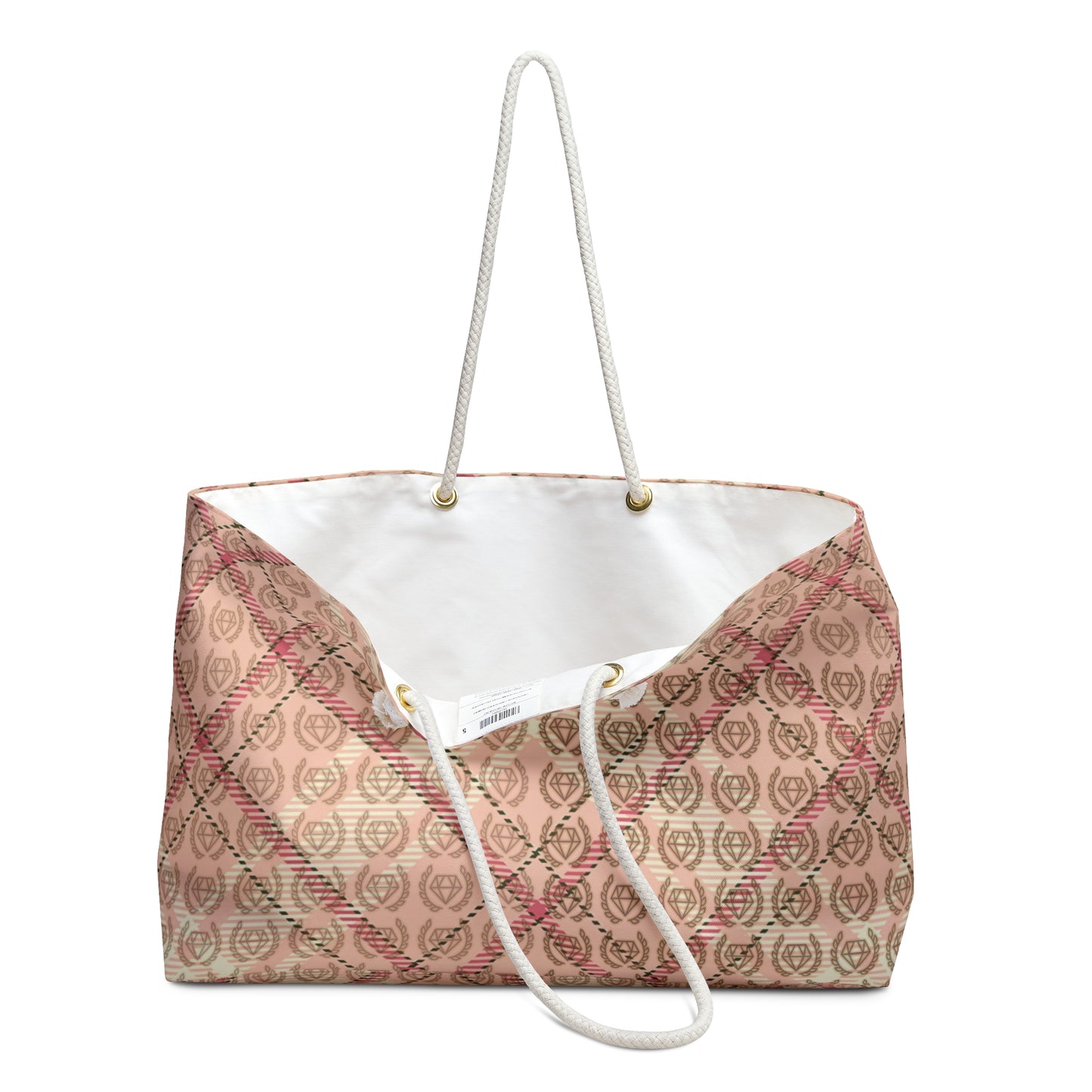 Elegant Blush Plaid Weekender Tote Bag • Oversized Beach & Travel Bag with Rope Handles • Custom Monogram Design