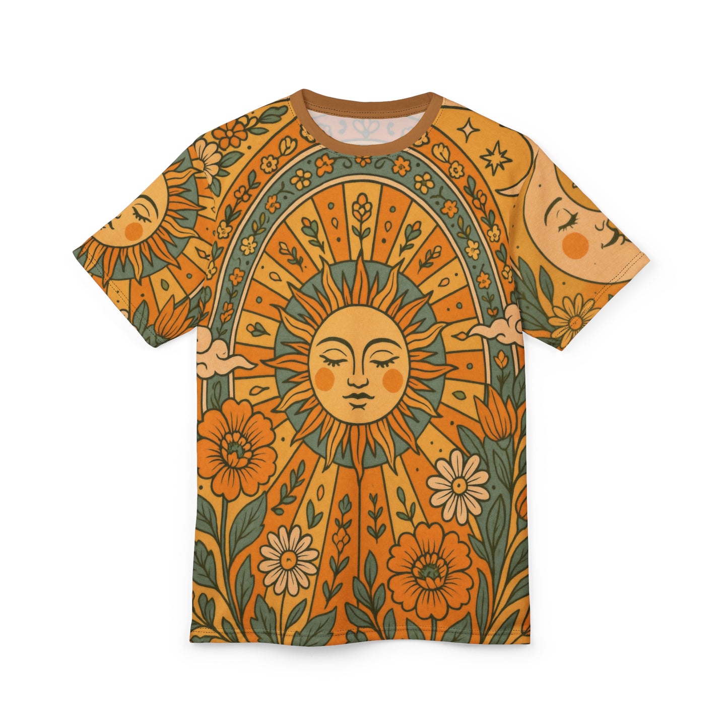 Sun & Moon Boho Vibes Unisex Cut & Sew Tee | AOP Shirt, Boho Style Tee, Perfect for Summer, Gift for Nature Lovers, Festival Wear