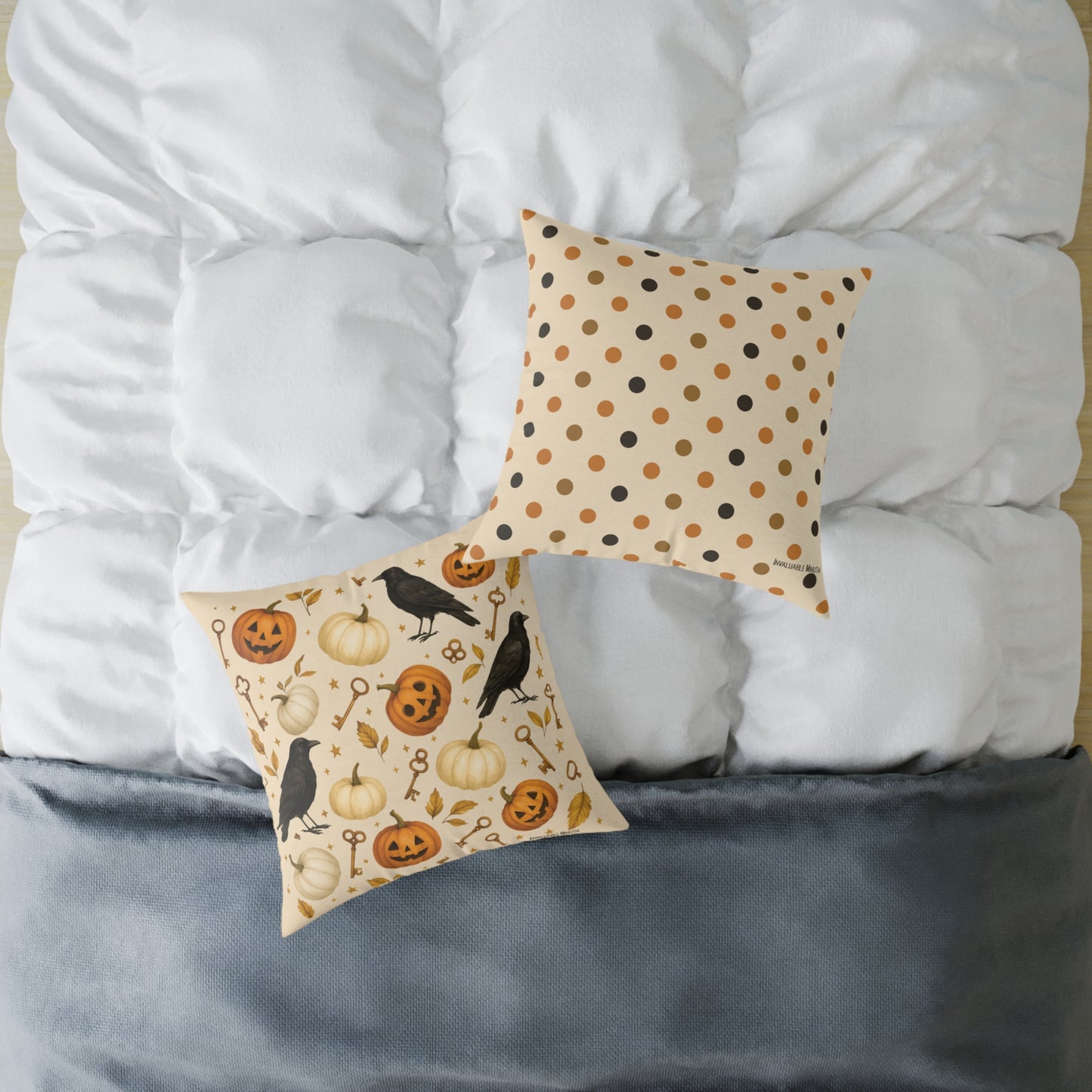Boutique Halloween Throw Pillow – Crow & Pumpkin Pattern (Reversible Dot Back, Colorway™ Poly Canvas)