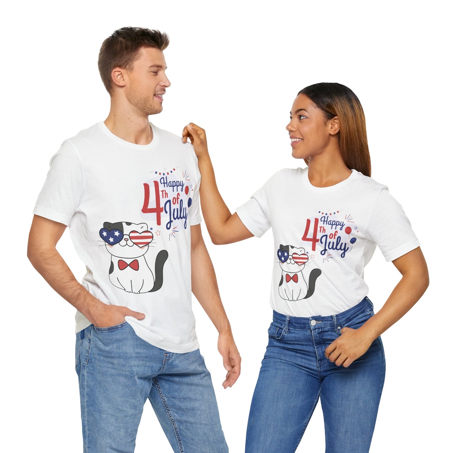 Patriotic Party Cat Tee – Happy 4th of July – Unisex Bella+Canvas Jersey Tee - 4th of July Tee