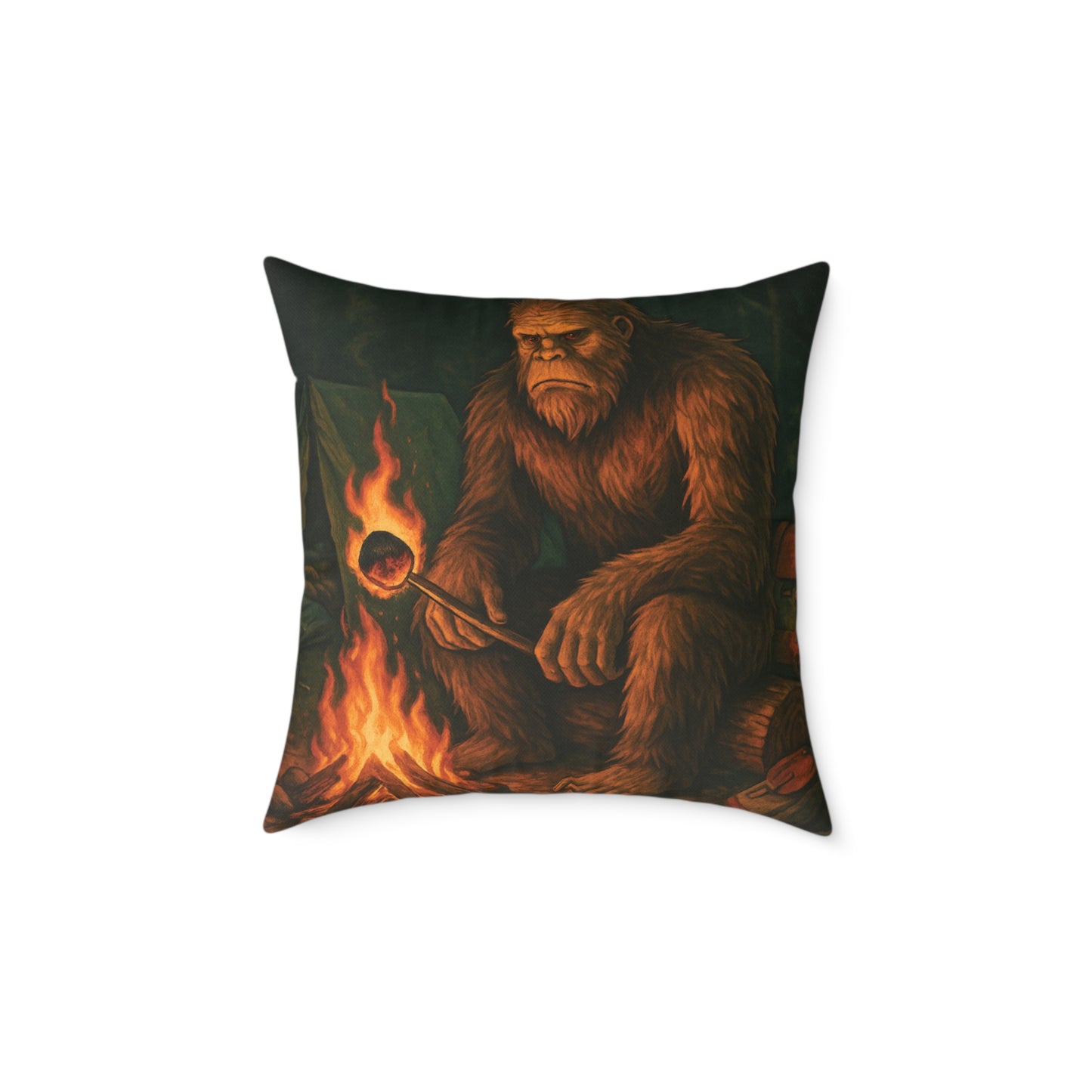 Bigfoot Burnt the S’more – Cryptid Campsite Canvas Throw Pillow