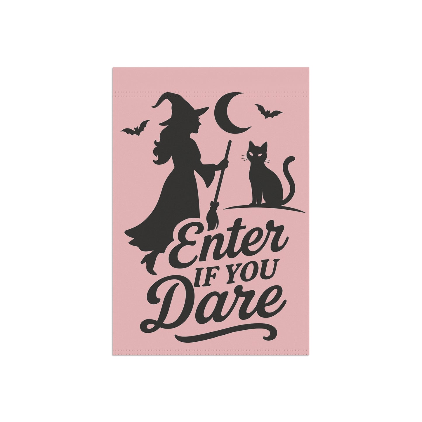 Pastel Gothic Witch Garden Flag – Pink Halloween Yard Flag, Black Cat Silhouette, Retro “Enter If You Dare”