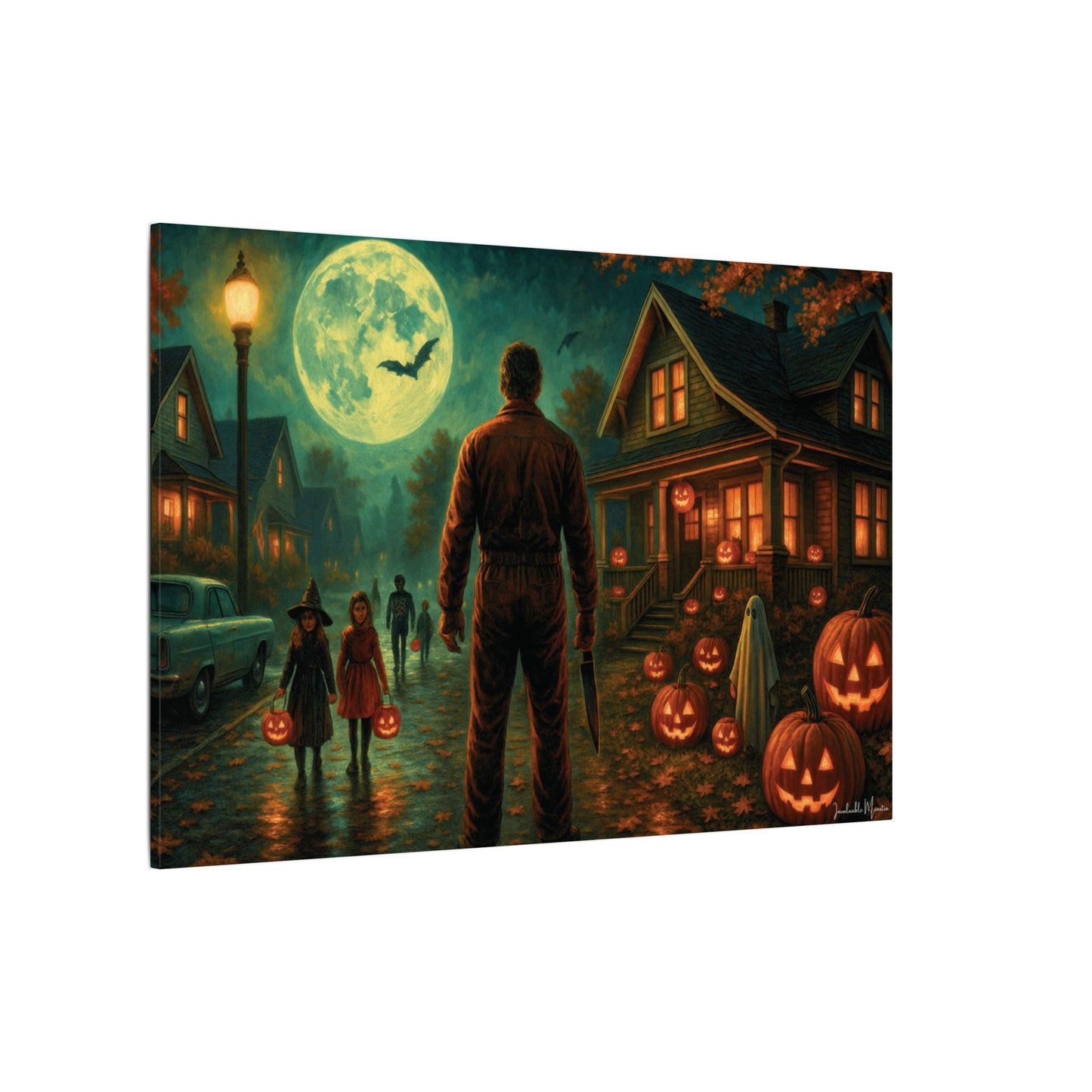 Halloween Neighborhood Scene Canvas Print β Retro Suburban Trick-or-Treat, Glowing Pumpkins & Full Moon Wall Art