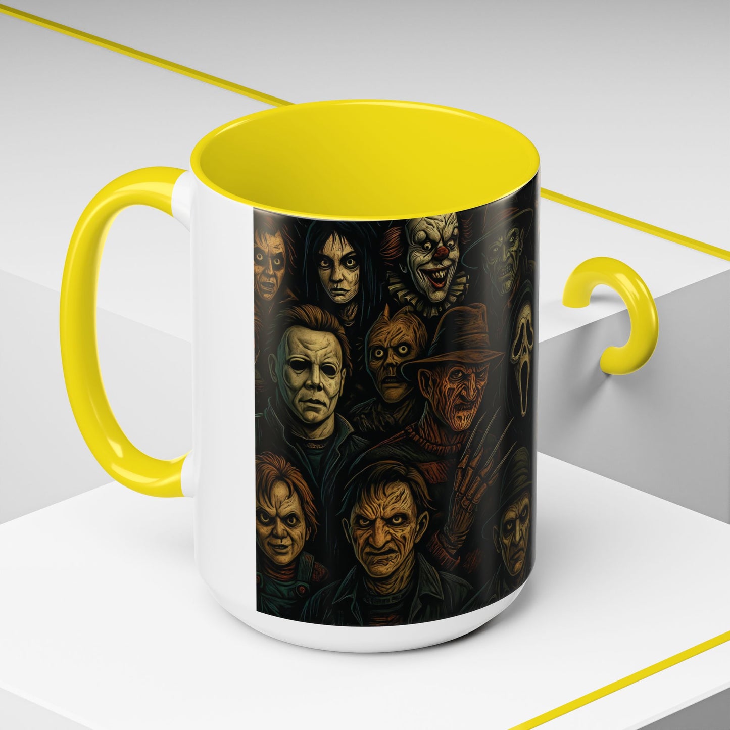 Horror Villain Collage Mug – 15oz & 11oz Ceramic Coffee Mug – Slasher Icons Halloween Gift – Goth Horrorcore Kitchen Decor
