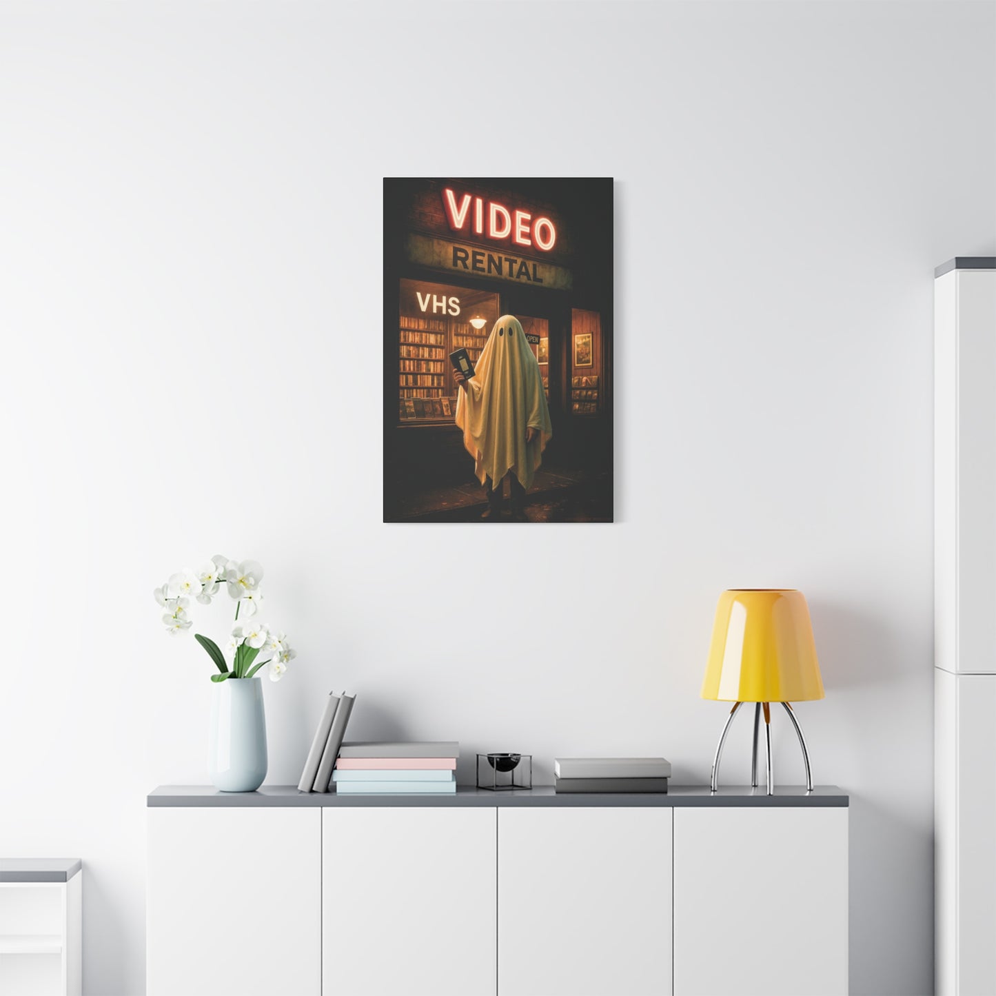 Retro Video Rental Ghost β VHS Nostalgia Matte Stretched Canvas Wall Art | 90s Spooky Decor