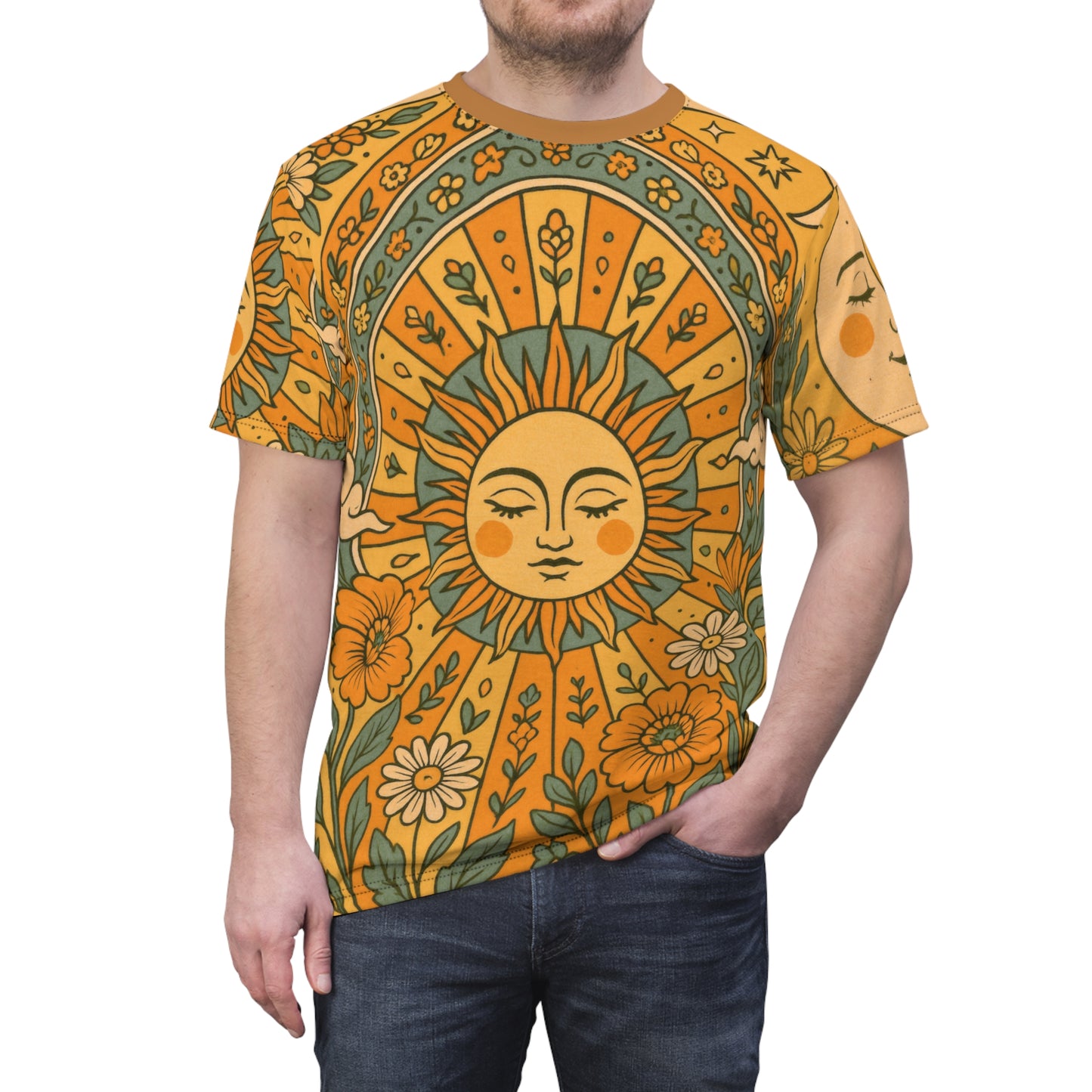 Sun & Moon Boho Vibes Unisex Cut & Sew Tee | AOP Shirt, Boho Style Tee, Perfect for Summer, Gift for Nature Lovers, Festival Wear
