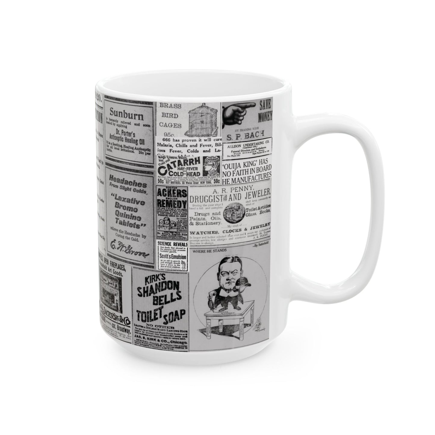 Occult Americana Coffee Tea Mug | 1800s Early 1900s Vintage Newspaper Ad Collage Ceramic Mug 2 - 11oz and 15oz