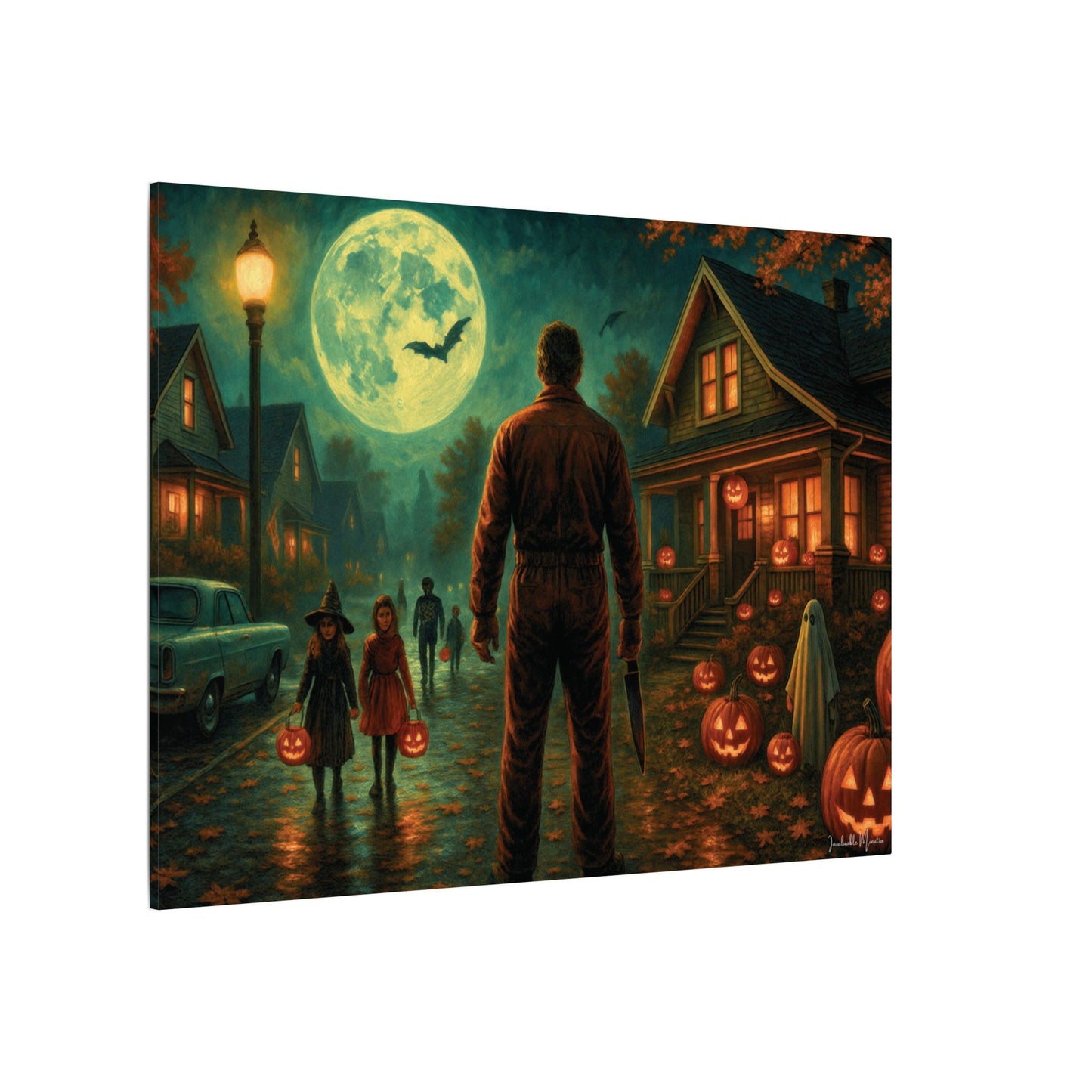 Halloween Neighborhood Scene Canvas Print β Retro Suburban Trick-or-Treat, Glowing Pumpkins & Full Moon Wall Art