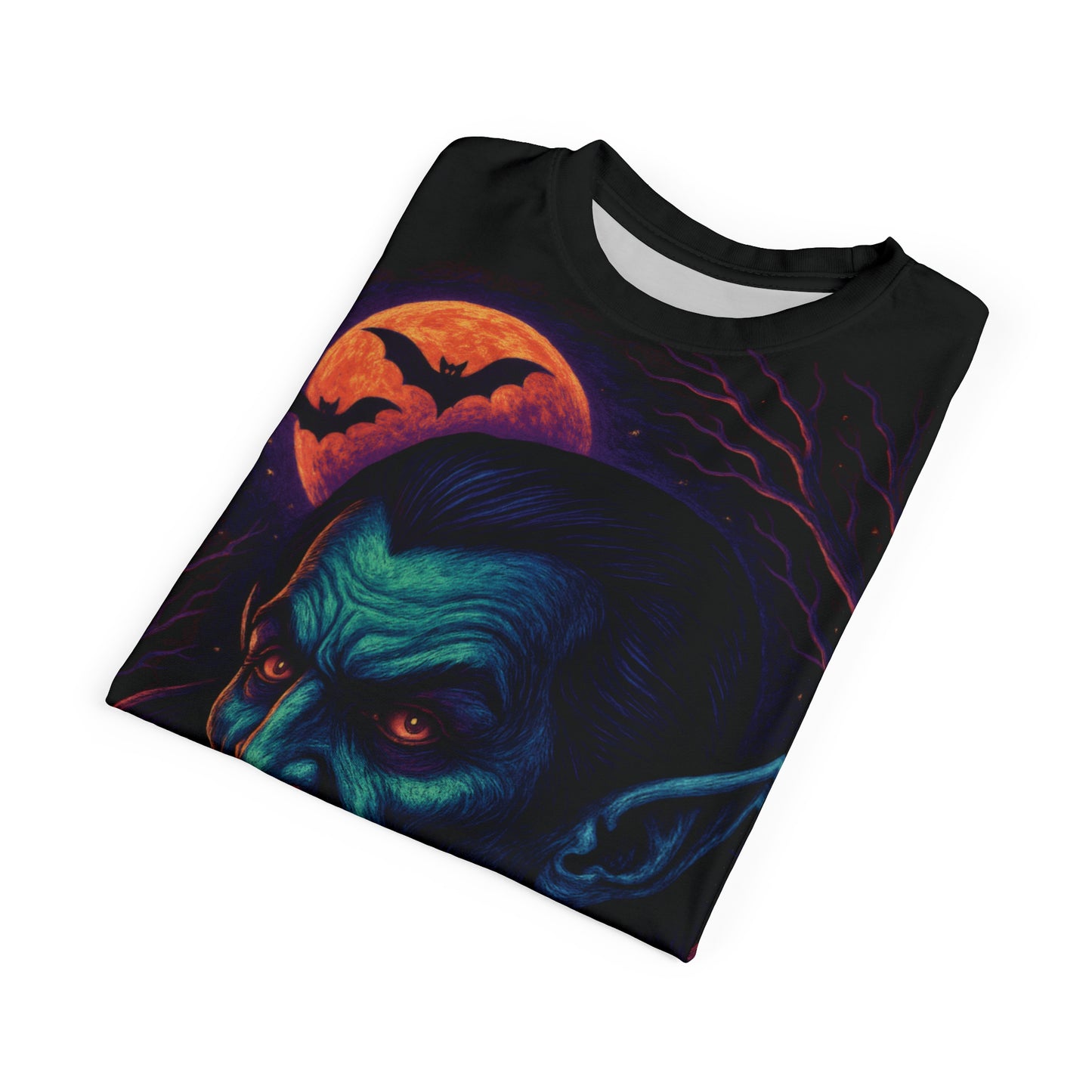 Vampire AOP Halloween T-Shirt β Neon Bloodthirsty Count Extra Large Print Tee (All-Over Print)