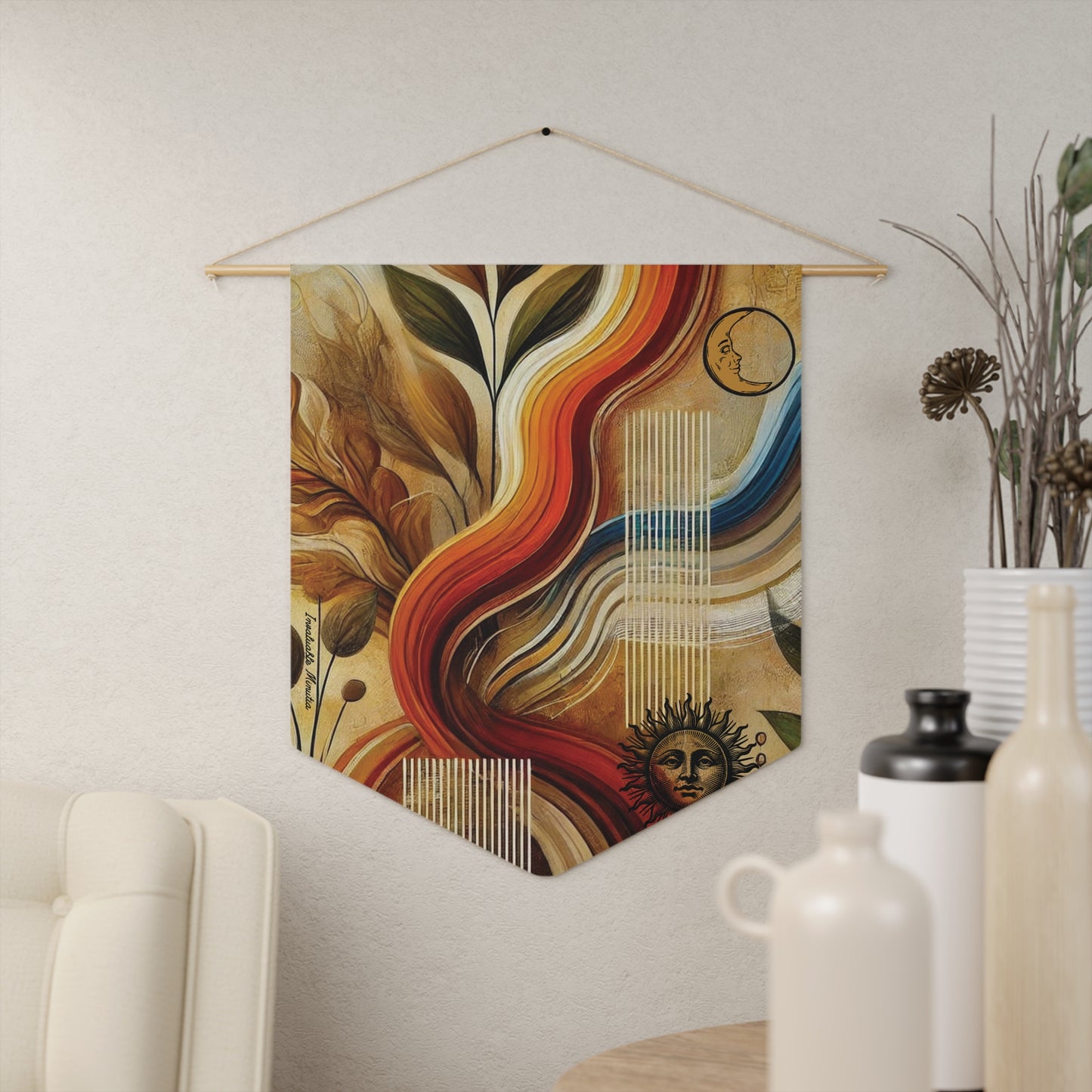 Abstract Earthflow Sun & Moon Wall Banner β Boho Cosmic Pennant | Invaluable Minutia Exclusive