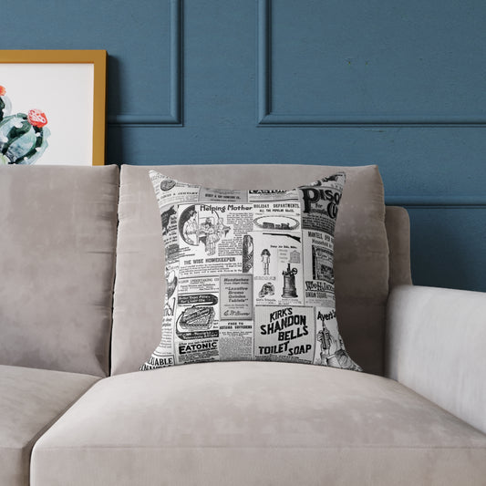 Americana oculta: collage de anuncios de periódicos antiguos del siglo XIX - Cojín decorativo de lienzo, versión 2