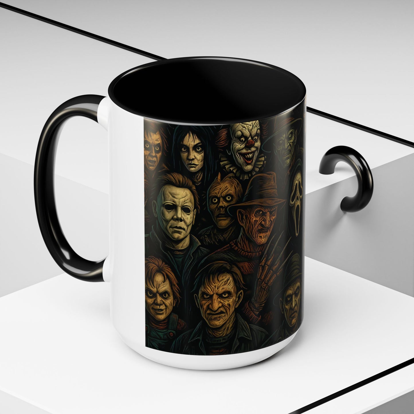 Horror Villain Collage Mug – 15oz & 11oz Ceramic Coffee Mug – Slasher Icons Halloween Gift – Goth Horrorcore Kitchen Decor