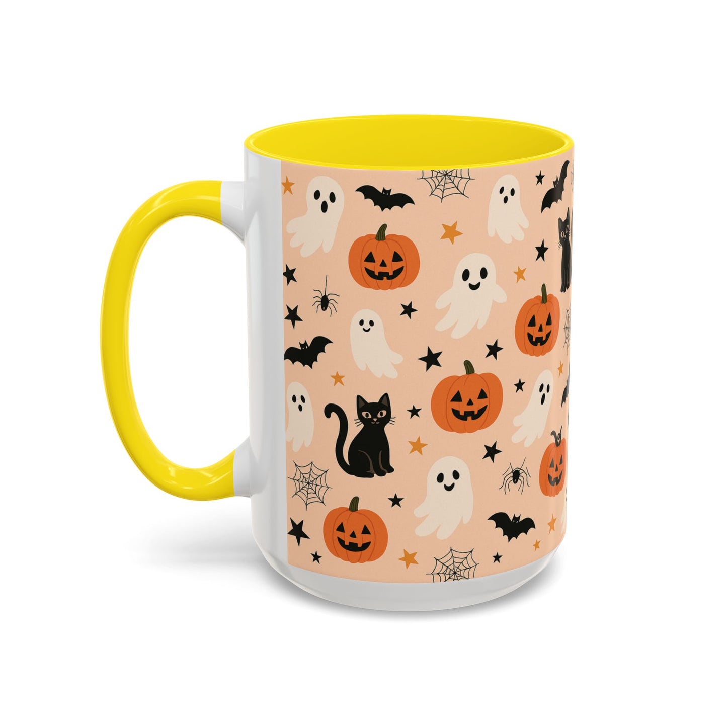 Halloween Color Accent Mug β Ghosts, Pumpkins & Black Cats, Fall Coffee Cup (11oz & 15oz) β Boutique Spooky Season Drinkware