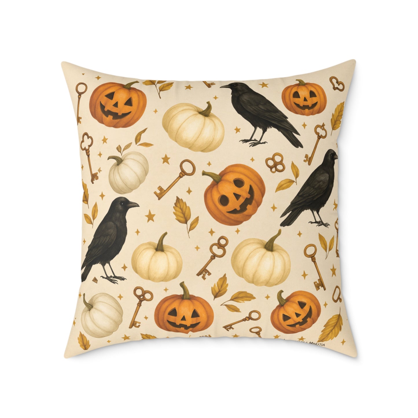 Boutique Halloween Throw Pillow – Crow & Pumpkin Pattern (Reversible Dot Back, Colorway™ Poly Canvas)