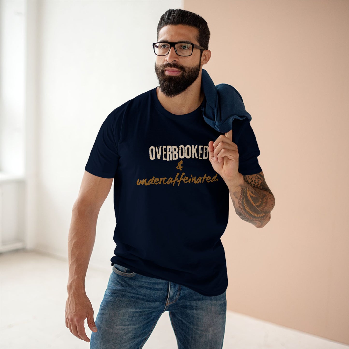 Overbooked & Undercaffeinated Funny T-Shirt – Premium AS Colour Tee for Coffee Lovers