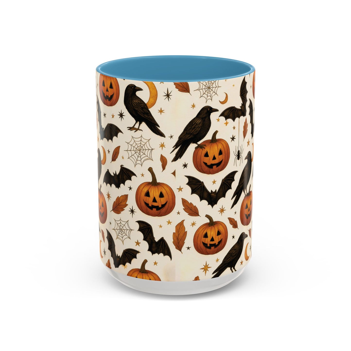 Halloween Raven & Pumpkin Color Accent Mug β Gothic Crow, Bats & Jack-oβ-Lantern Coffee Cup (11oz & 15oz) β Spooky Autumn Drinkware