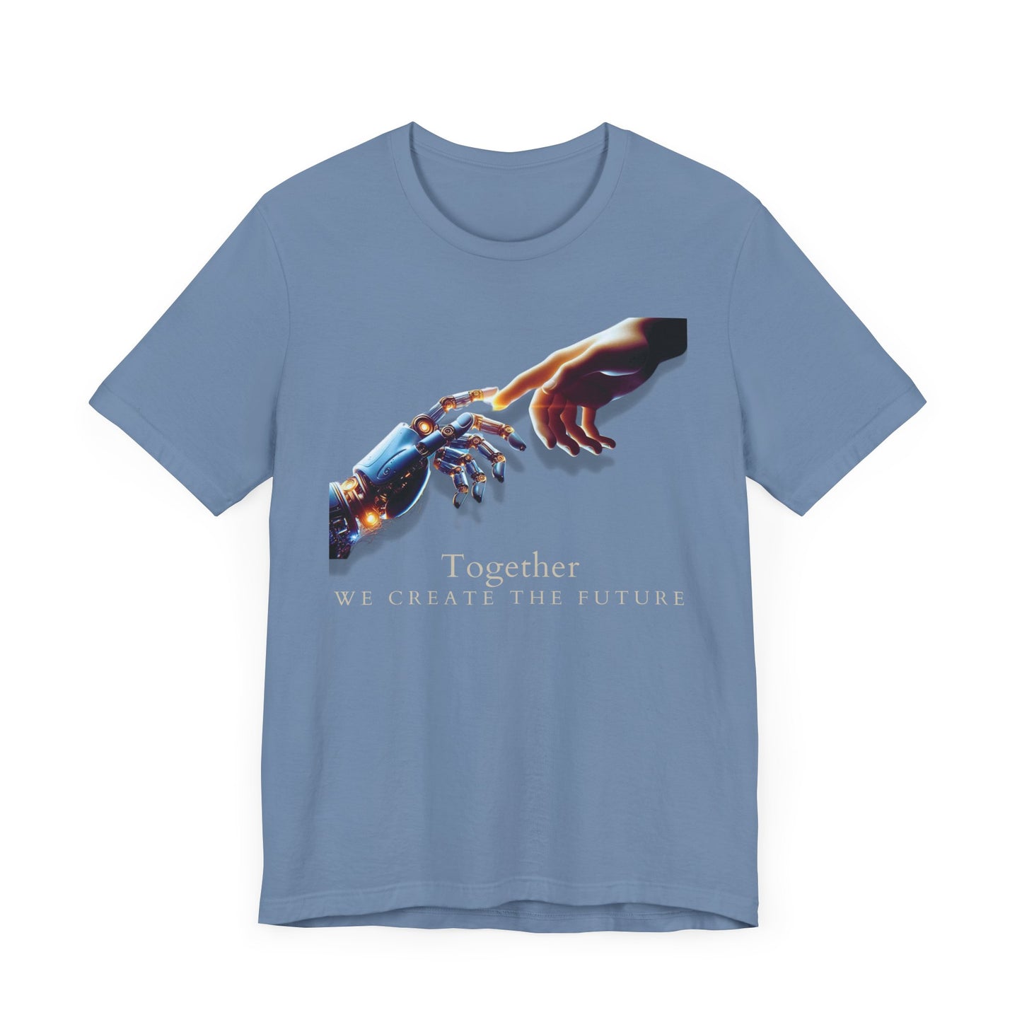 Robotic & Human Hand Touching Jersey Tee - "Together We Create the Future" - Inspirational T-Shirt - Soft, Comfortable Graphic Tee