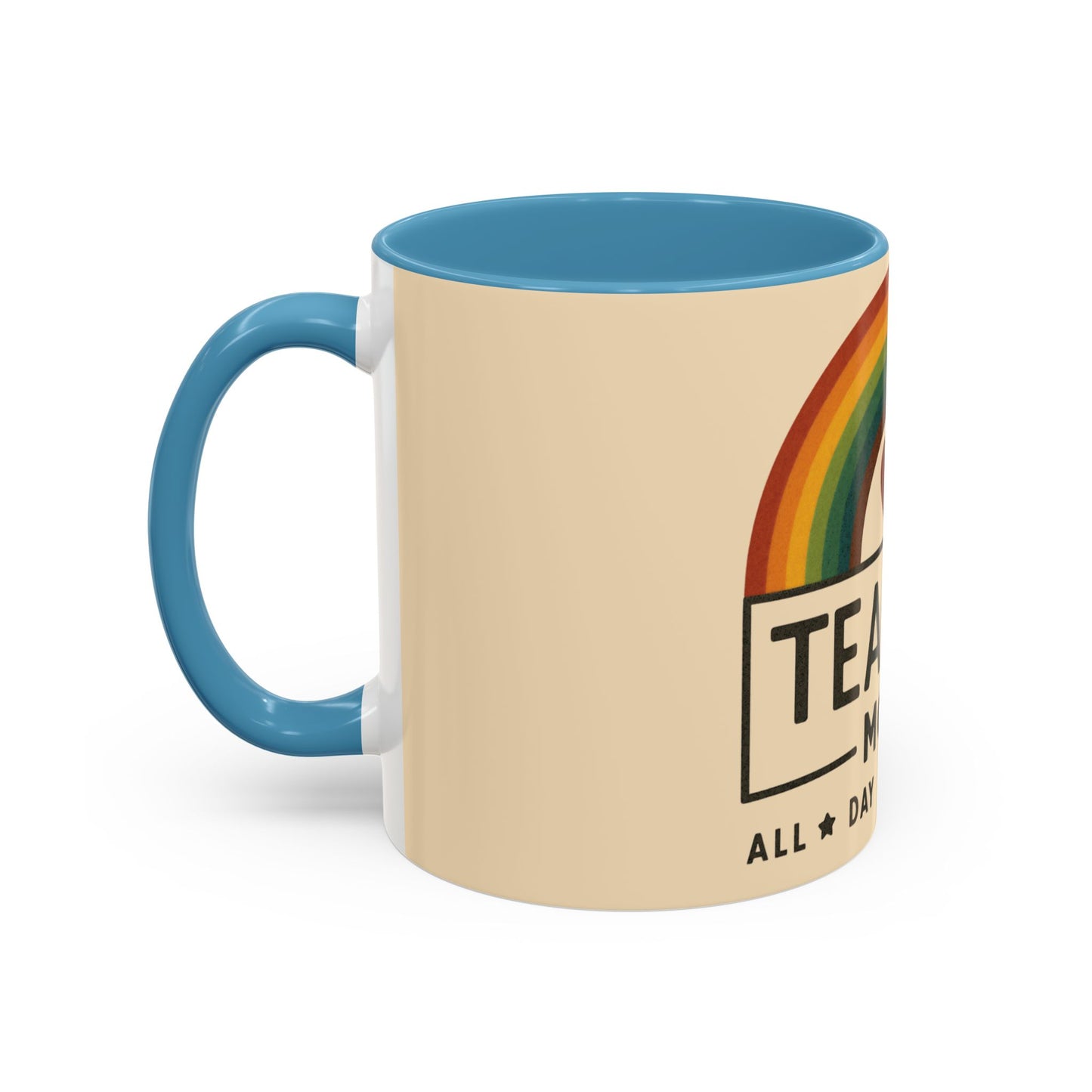 Teacher Mode – Color Accent Mug (11oz/15oz) • Rainbow Heart • Teacher Gift • Dishwasher & Microwave Safe