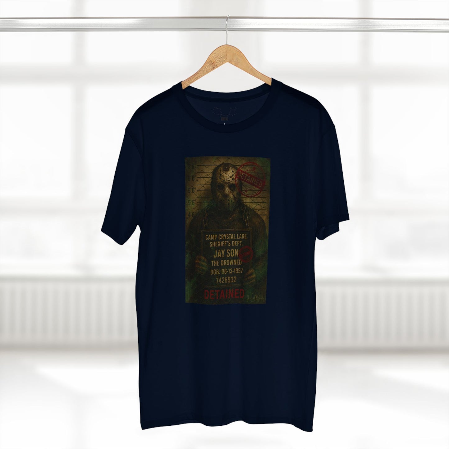 Jason Voorhees Horror Mugshot Tee โ Premium AS Colour 5001 Shirt