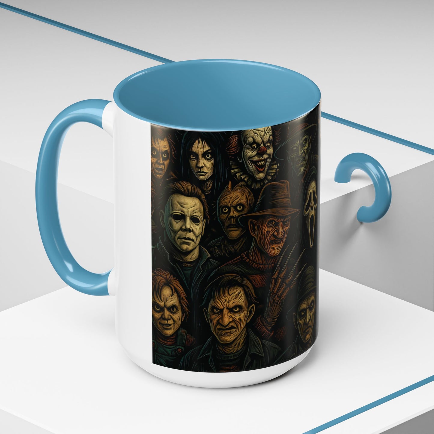Horror Villain Collage Mug – 15oz & 11oz Ceramic Coffee Mug – Slasher Icons Halloween Gift – Goth Horrorcore Kitchen Decor