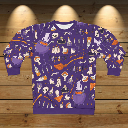 Witchy Potions AOP Unisex Sweatshirt – Spooky Season Purple | Cozy Fall Crewneck | Free Worldwide Shipping