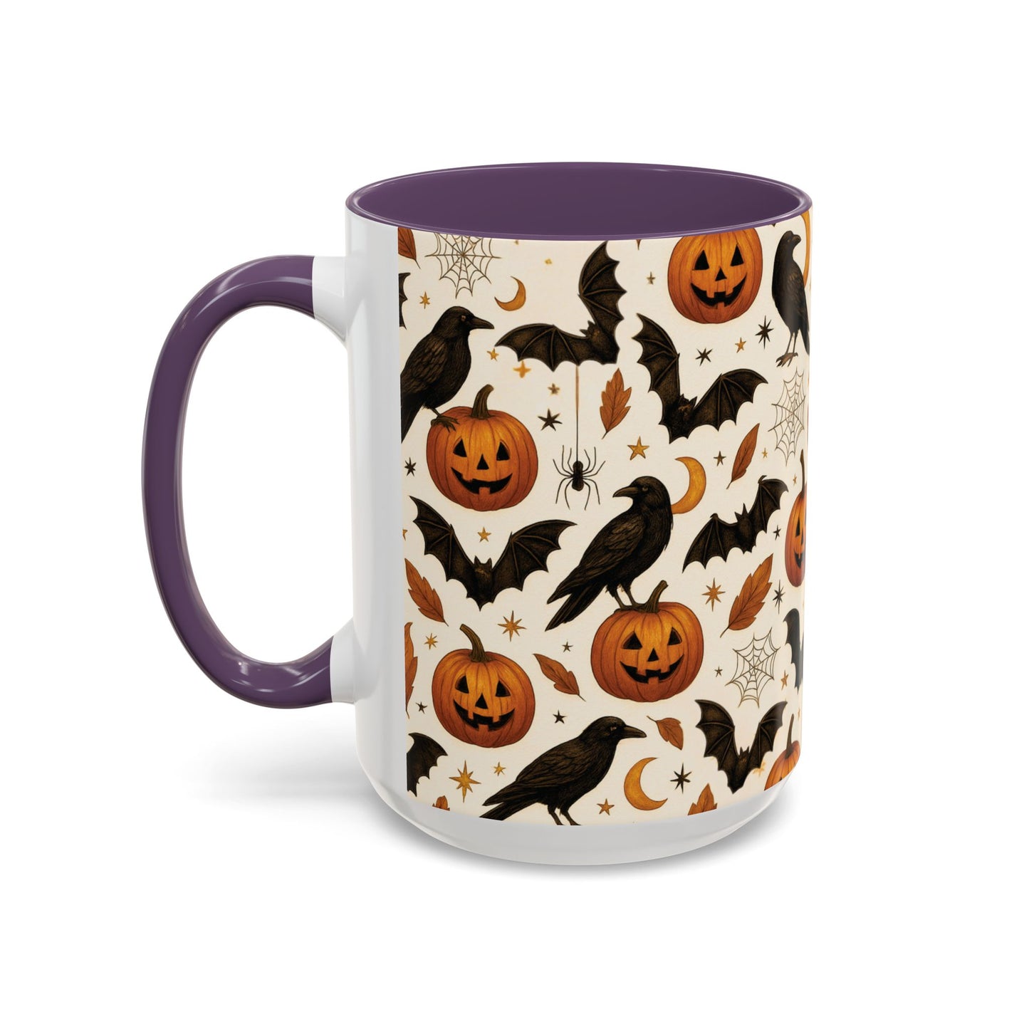 Halloween Raven & Pumpkin Color Accent Mug β Gothic Crow, Bats & Jack-oβ-Lantern Coffee Cup (11oz & 15oz) β Spooky Autumn Drinkware