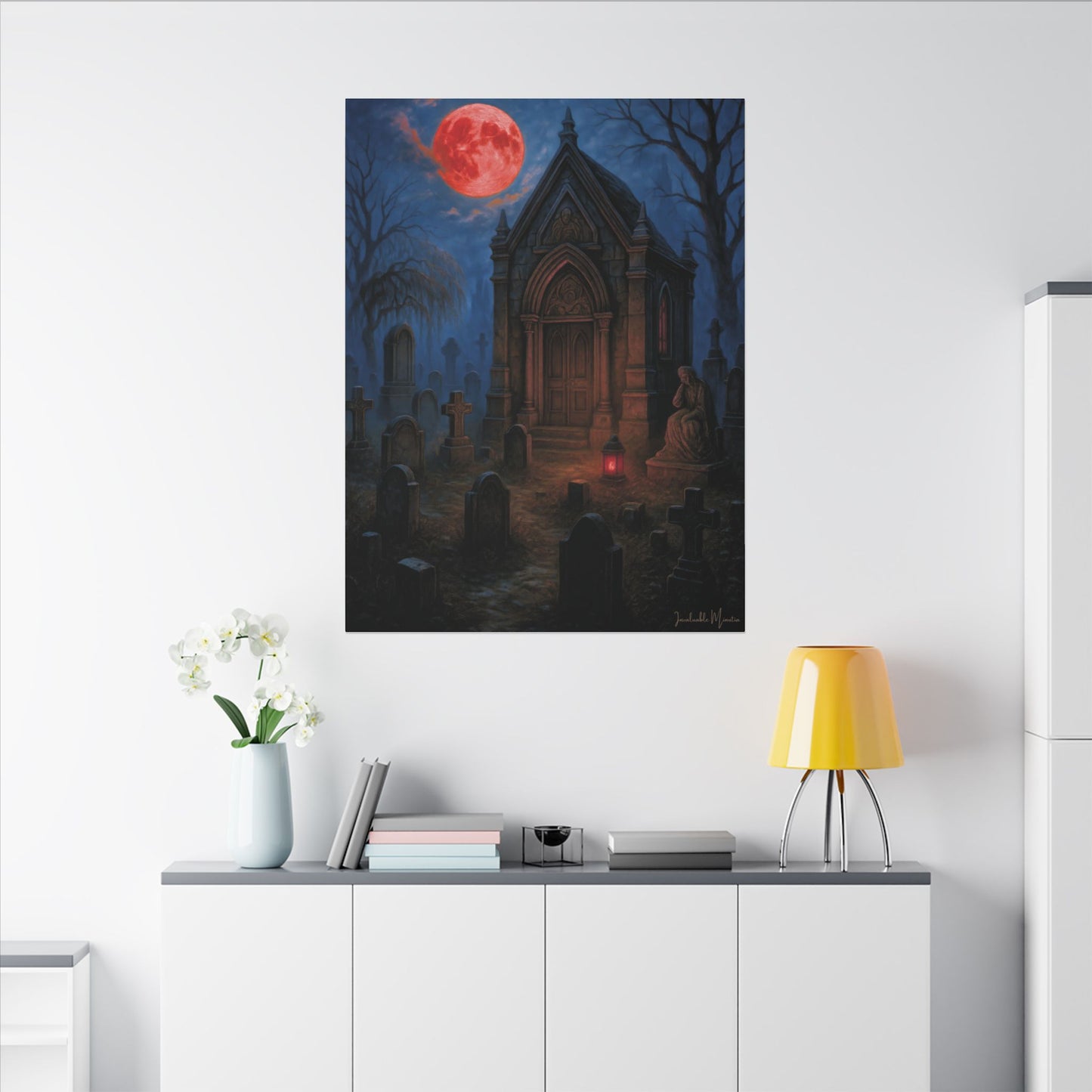 "Blood Moon Mausoleum" – Gothic Graveyard Fine Art Matte Canvas Print (Vertical)