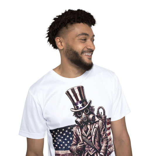 Camiseta de máscara de gas del Tío Sam - Camiseta deportiva de estilo distópico americano (unisex, AOP) que absorbe la humedad