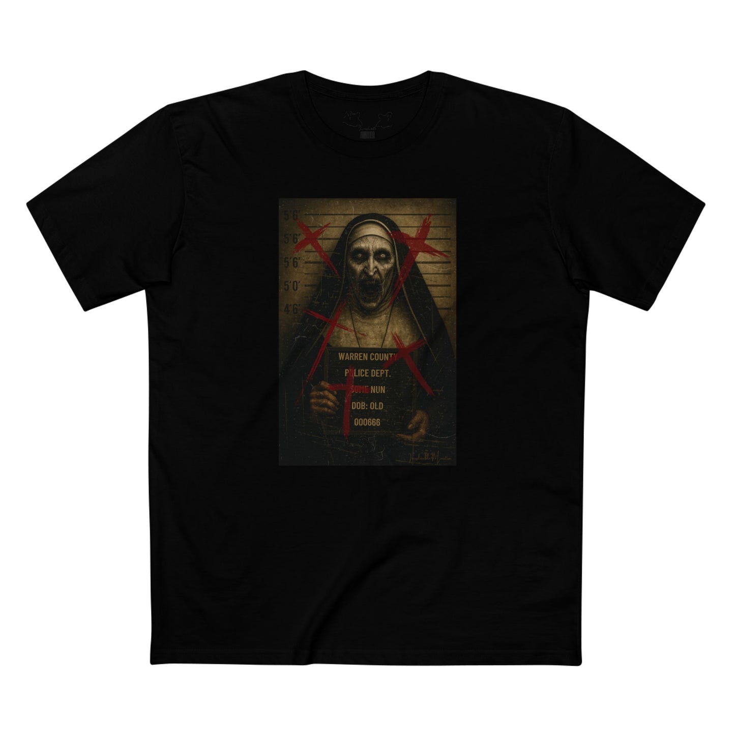 Possessed Nun Mugshot T-Shirt β Premium AS Colour 5001 Horrorcore Tee