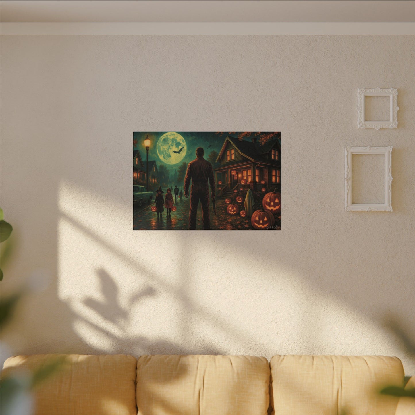 Halloween Neighborhood Scene Canvas Print β Retro Suburban Trick-or-Treat, Glowing Pumpkins & Full Moon Wall Art