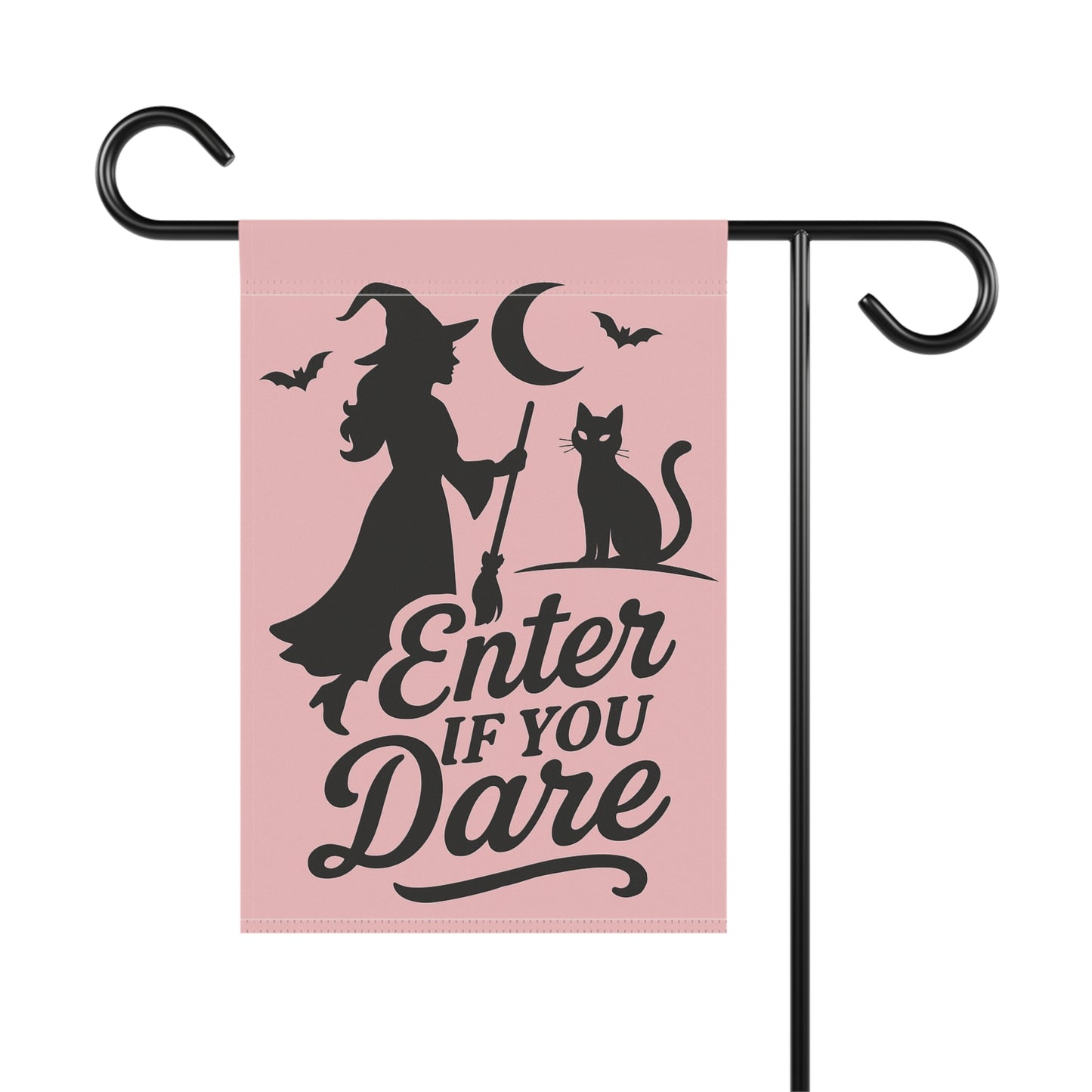 Pastel Gothic Witch Garden Flag or Banner – Pink Halloween Yard Flag, Black Cat Silhouette, Retro “Enter If You Dare”