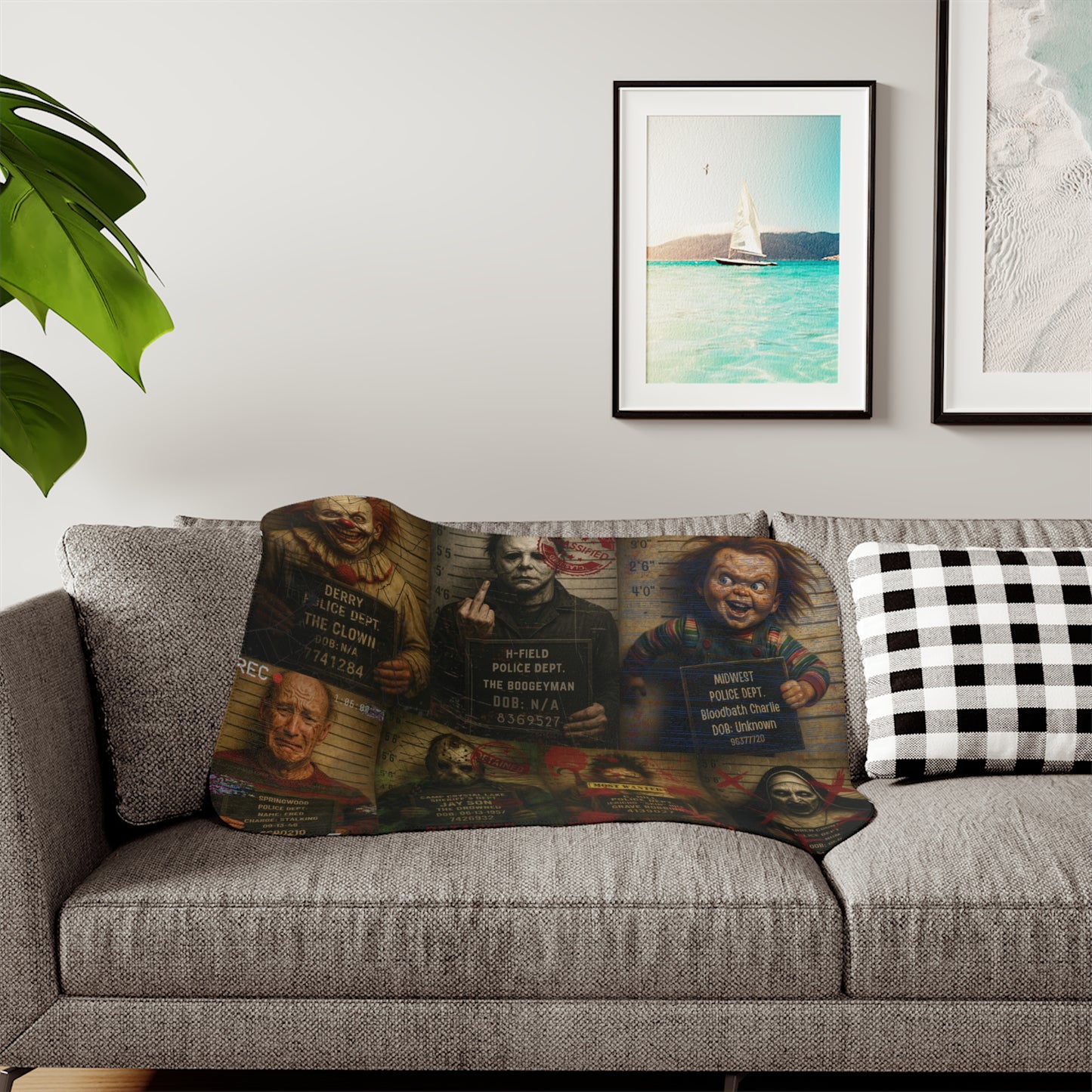 Horror Villains Mugshot Sherpa Fleece Blanket โ Premium Cozy Throw, 3 Sizes, Free Worldwide Shipping