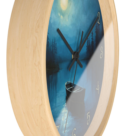Moonlit Lake Wall Clock – Serene Night Boat Scene 10" Decor