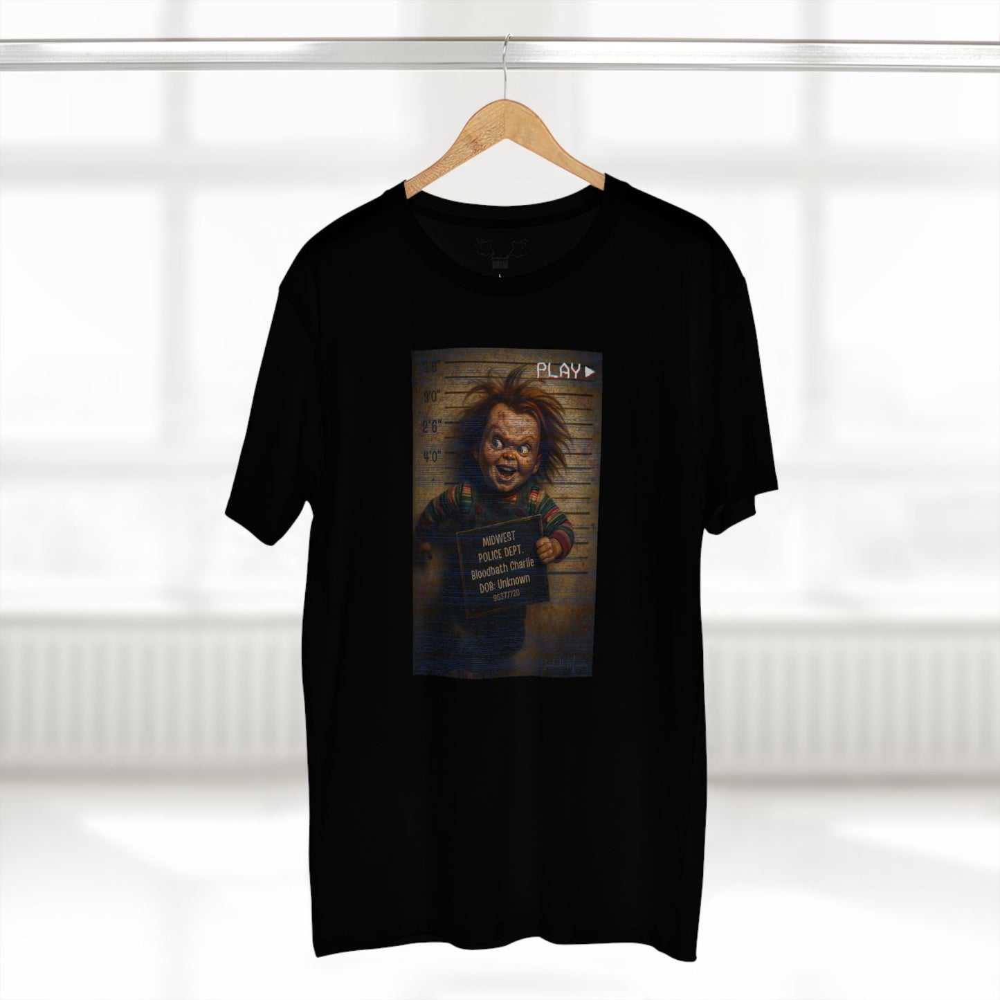 Creepy Killer Doll Mugshot T-Shirt – Halloween Horror Tee, Boutique DTG Print, Premium Cotton Tee, 90s VHS Aesthetic