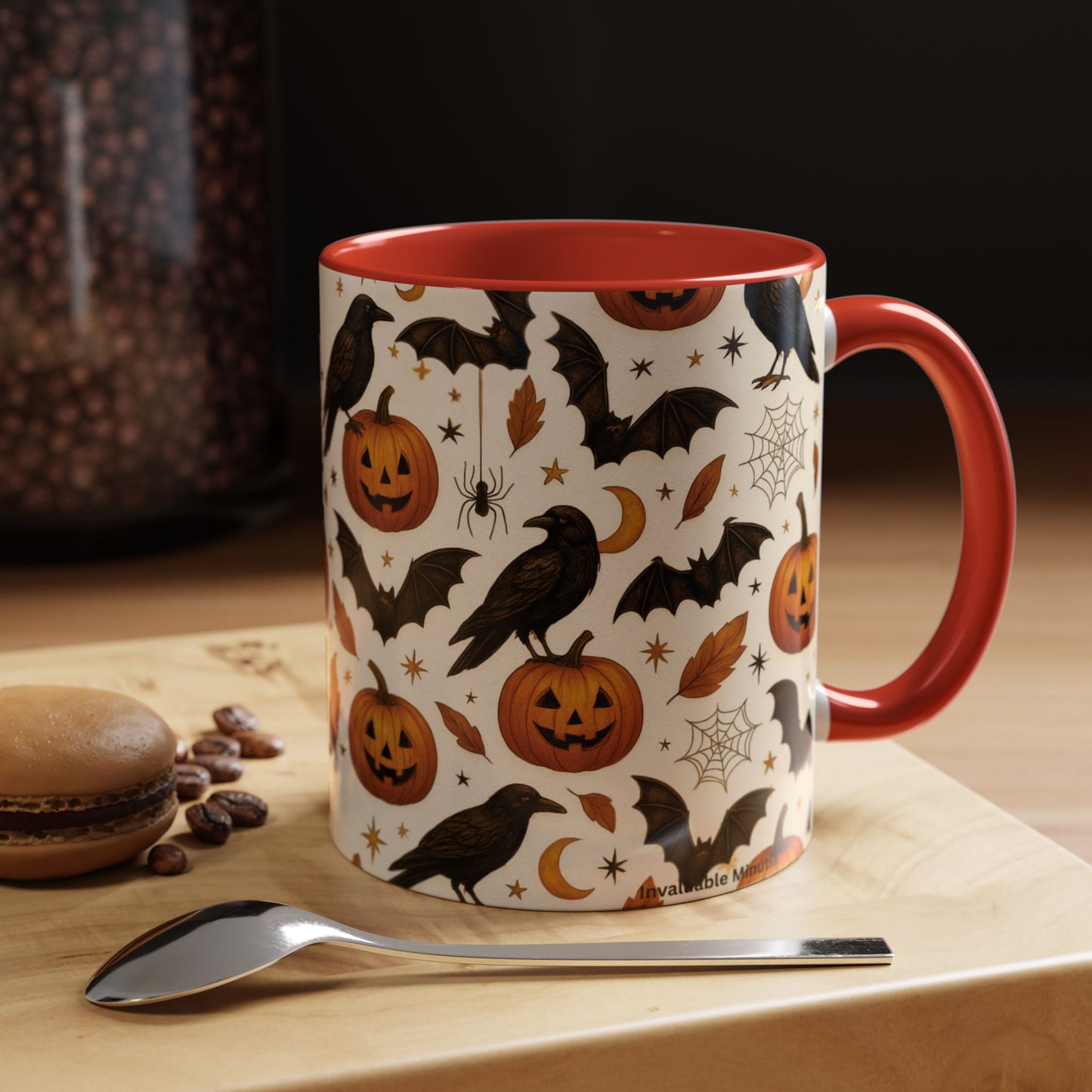 Halloween Raven & Pumpkin Color Accent Mug β Gothic Crow, Bats & Jack-oβ-Lantern Coffee Cup (11oz & 15oz) β Spooky Autumn Drinkware