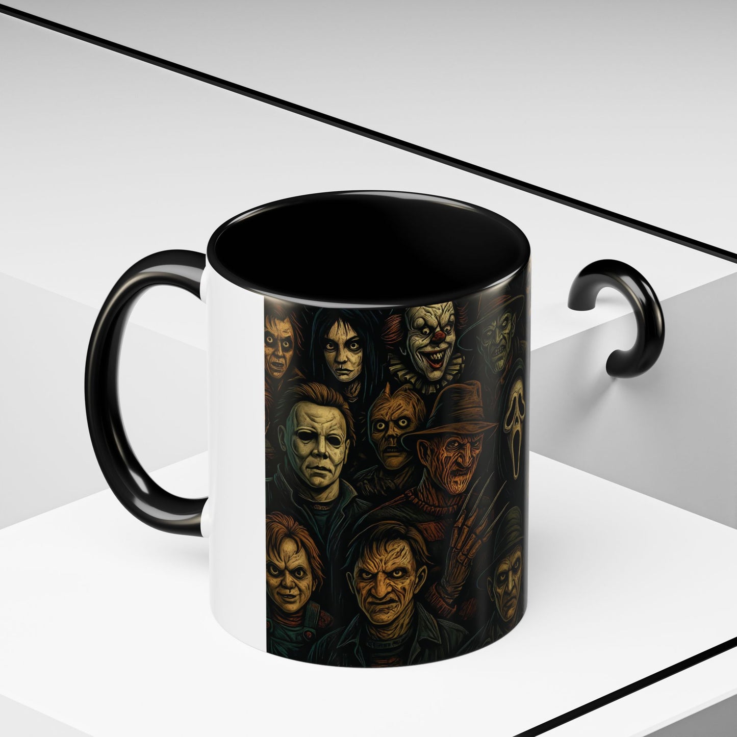 Horror Villain Collage Mug – 15oz & 11oz Ceramic Coffee Mug – Slasher Icons Halloween Gift – Goth Horrorcore Kitchen Decor