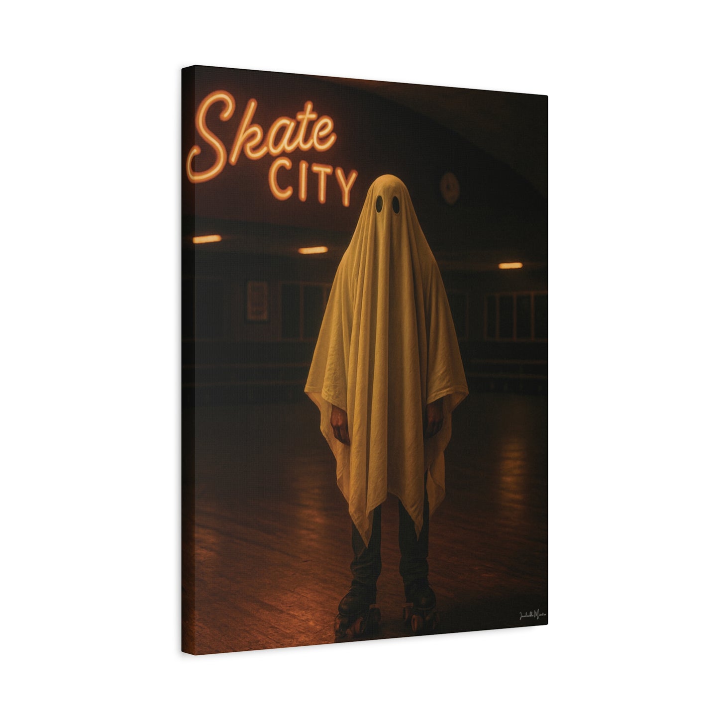 Ghost at the Roller Rink Canvas Wall Art β Retro 80s Nostalgic Halloween Decor