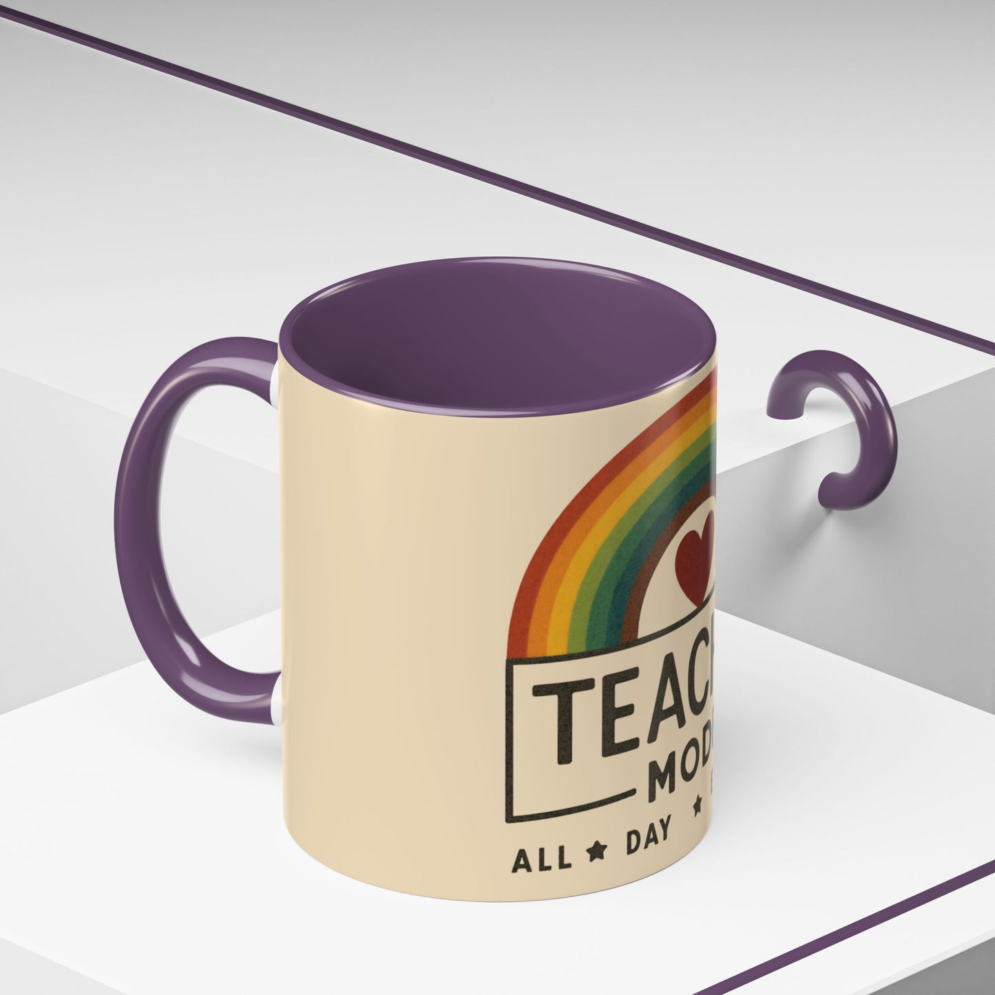Teacher Mode – Color Accent Mug (11oz/15oz) • Rainbow Heart • Teacher Gift • Dishwasher & Microwave Safe