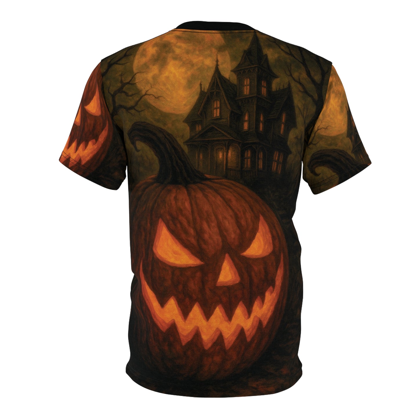 Haunted Jack-O’-Lantern – Gothic AOP Unisex Halloween T-Shirt | Pumpkin & Haunted House Tee