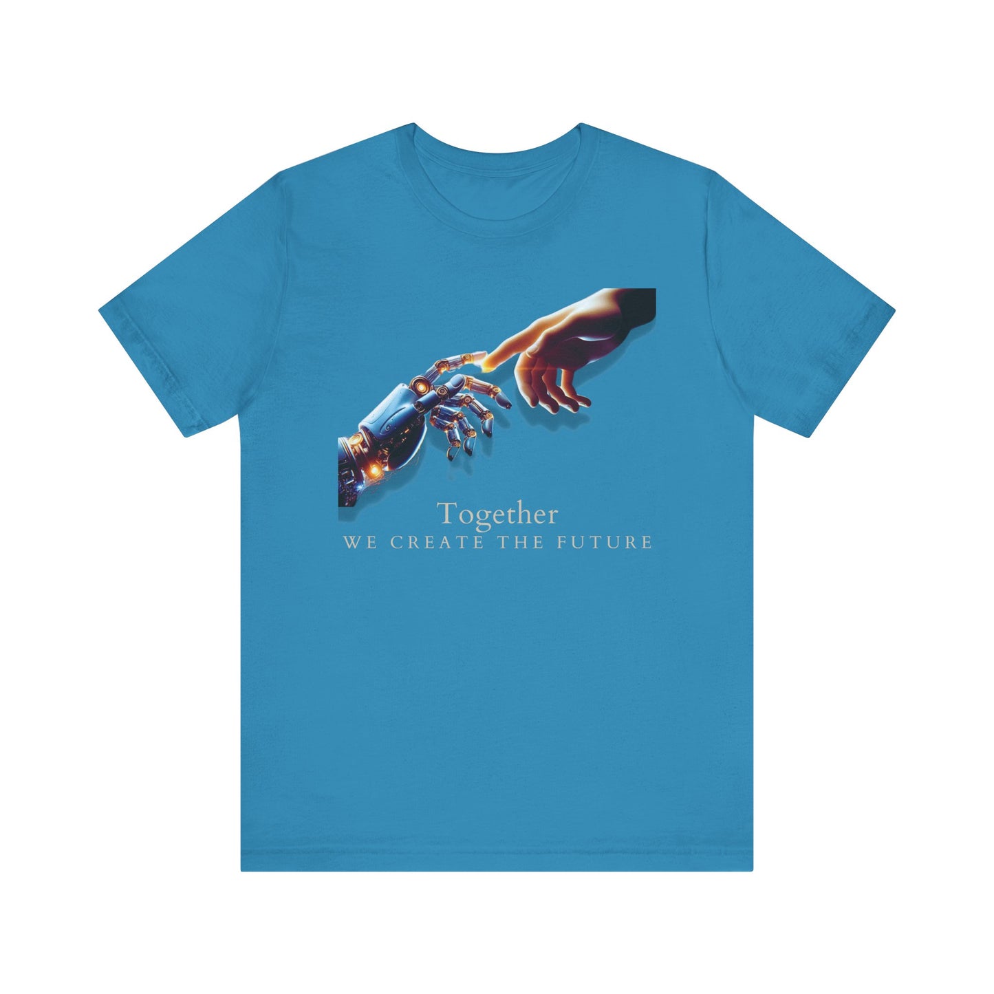 Robotic & Human Hand Touching Jersey Tee - "Together We Create the Future" - Inspirational T-Shirt - Soft, Comfortable Graphic Tee