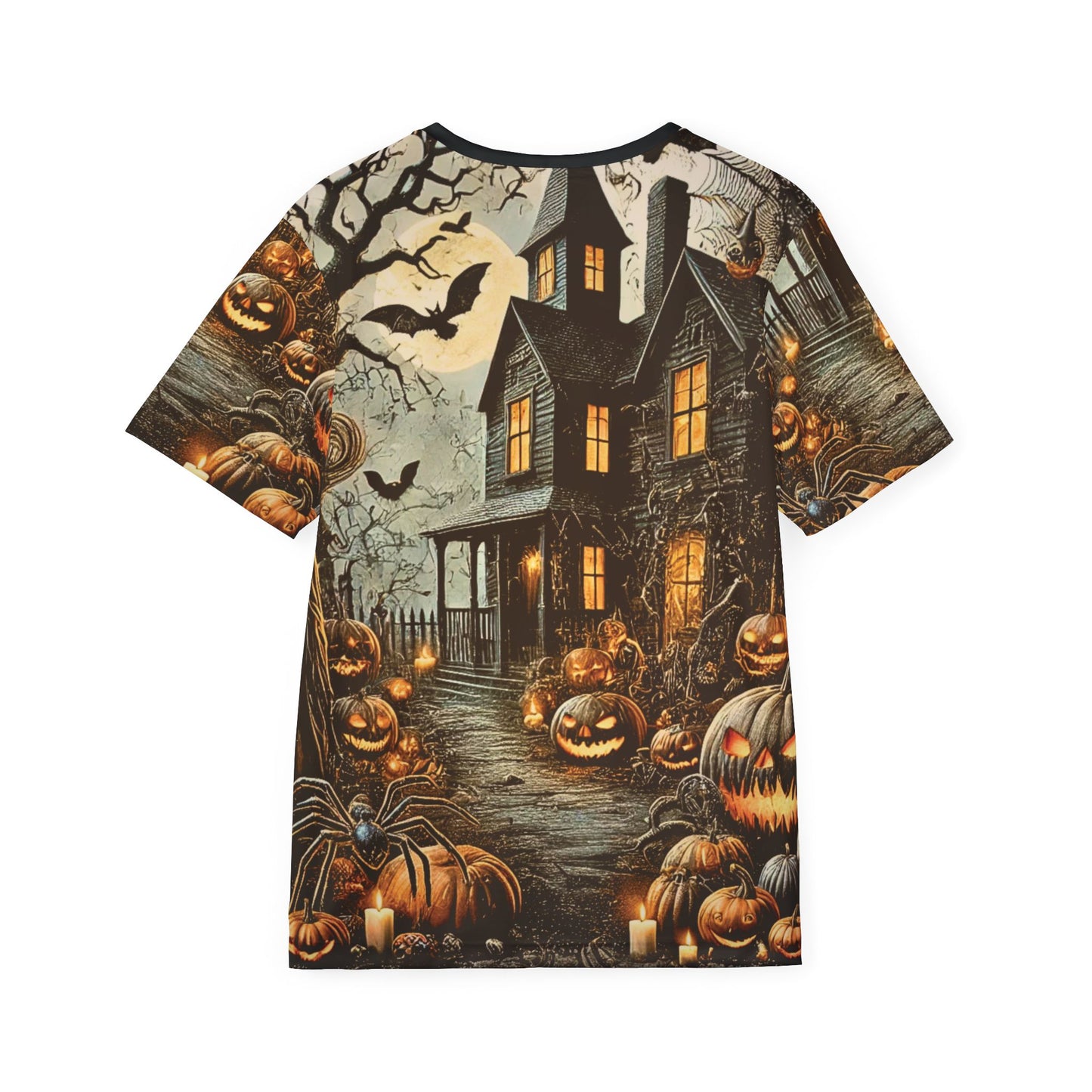 Haunted Pathway – Gothic AOP Unisex Halloween T-Shirt | Pumpkins, Bats & Haunted House Halloween Tee
